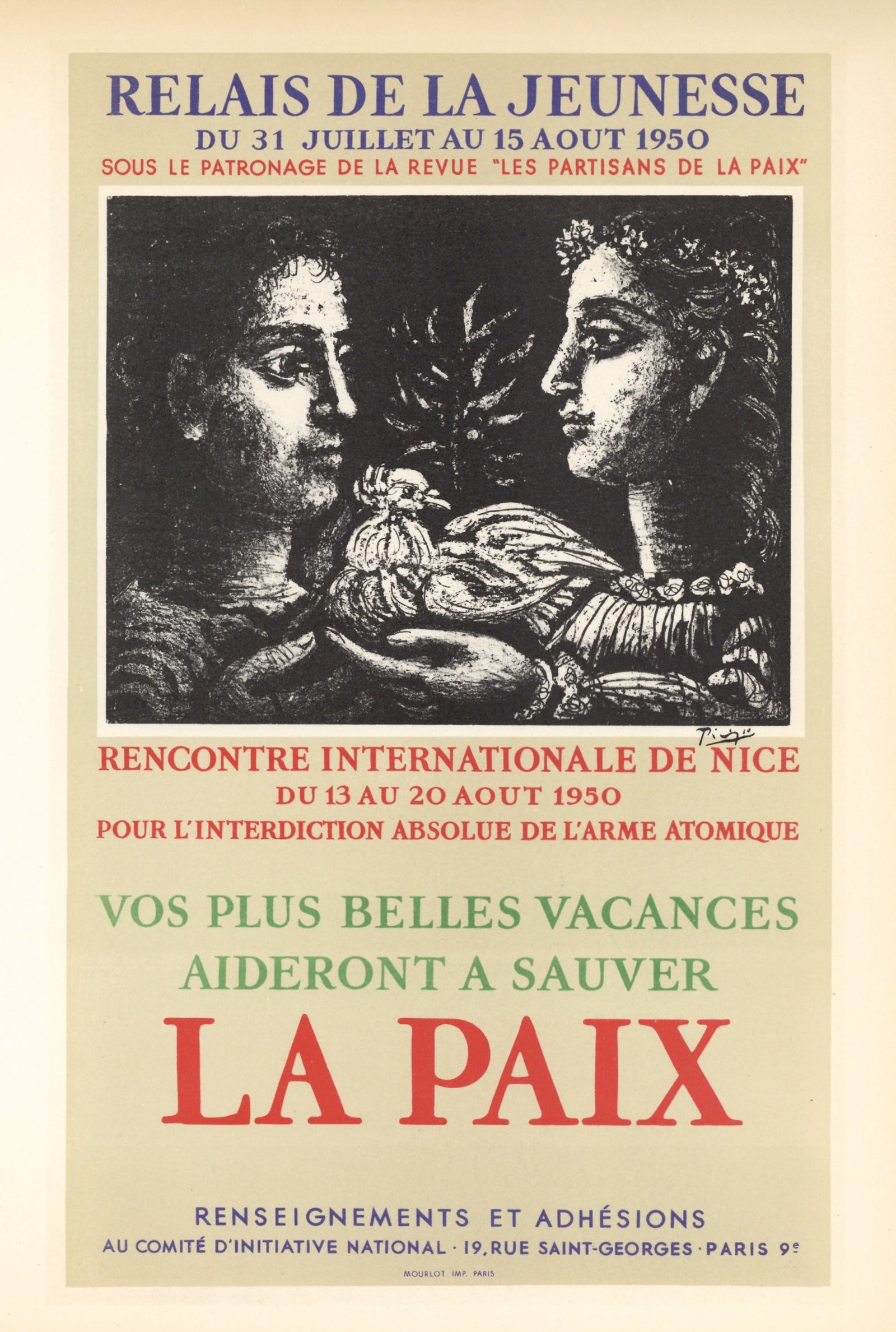 Pablo Picasso lithograph poster "Relais de Jeunesse": Medium: lithograph (after the original lithograph poster). During the late 1940's and throughout the 1950's, Picasso created a series of posters at the atelier of Mourlot Freres. The lithograph