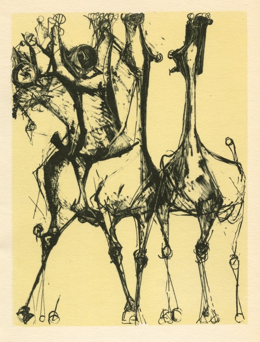 Marino Marini pochoir "Cavaliers et chevaux": Medium: pochoir (after the lithograph). Printed by the atelier of Daniel Jacomet, and published in Paris in 1955 by Heinz Berggruen. The image measures 5 x 4 inches (130 x 100 mm). Not signed. Reserve
