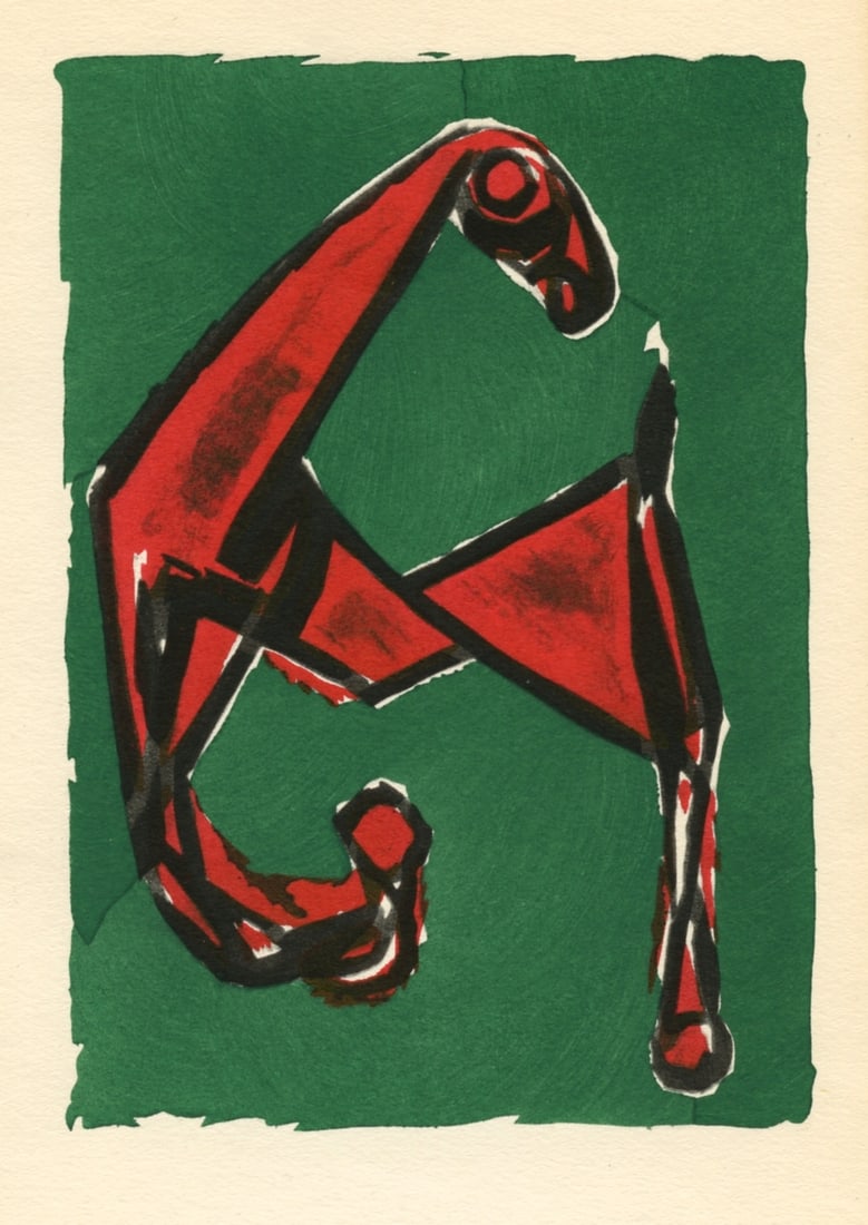 Marino Marini pochoir "Cheval rouge sur fond vert": Medium: pochoir (after the lithograph). Printed by the atelier of Daniel Jacomet, and published in Paris in 1955 by Heinz Berggruen. The image measures 5 x 3 1/2 inches (130 x 90 mm). Not signed. Rese