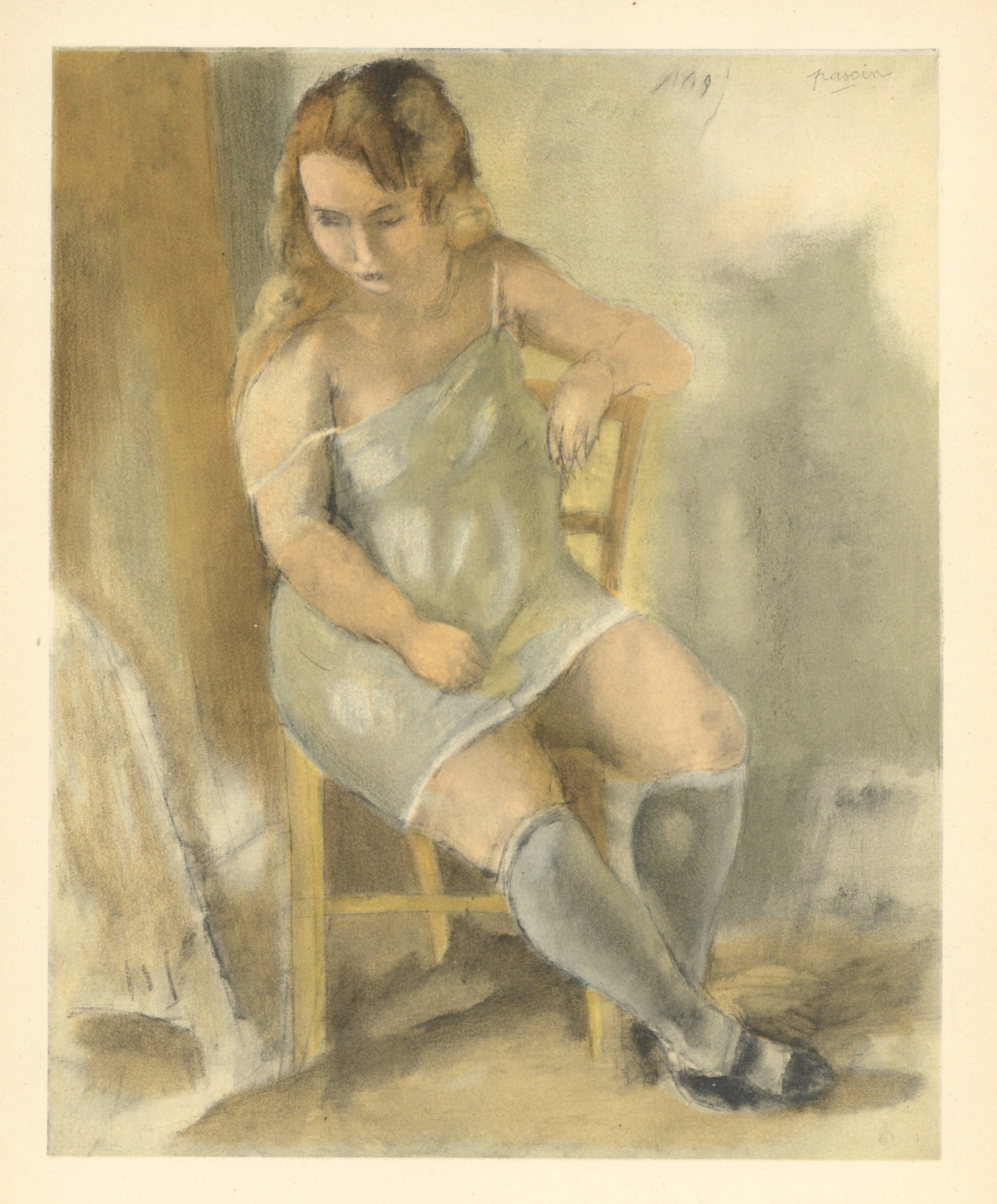 Jules Pascin lithograph "Marcelle a la chemise bleue": Medium: lithograph (after the painting). Printed in Paris in 1954 by the atelier of Mourlot Frères in an edition of 2000. Size: 12 1/4 x 9 1/2 inches; 315 x 245mm (total sheet size, including