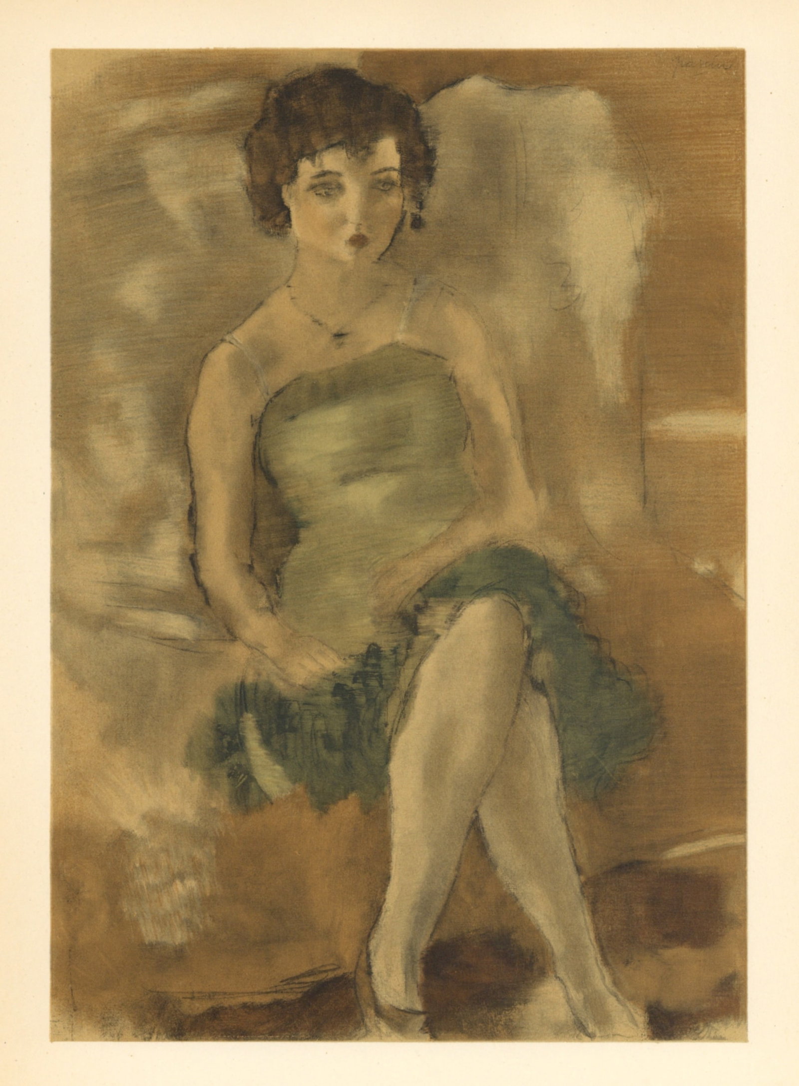 Jules Pascin lithograph "La Dame en vert": Medium: lithograph (after the painting). Printed in Paris in 1954 by the atelier of Mourlot Frères in an edition of 2000. Size: 12 1/4 x 9 1/2 inches; 315 x 245mm (total sheet size, including