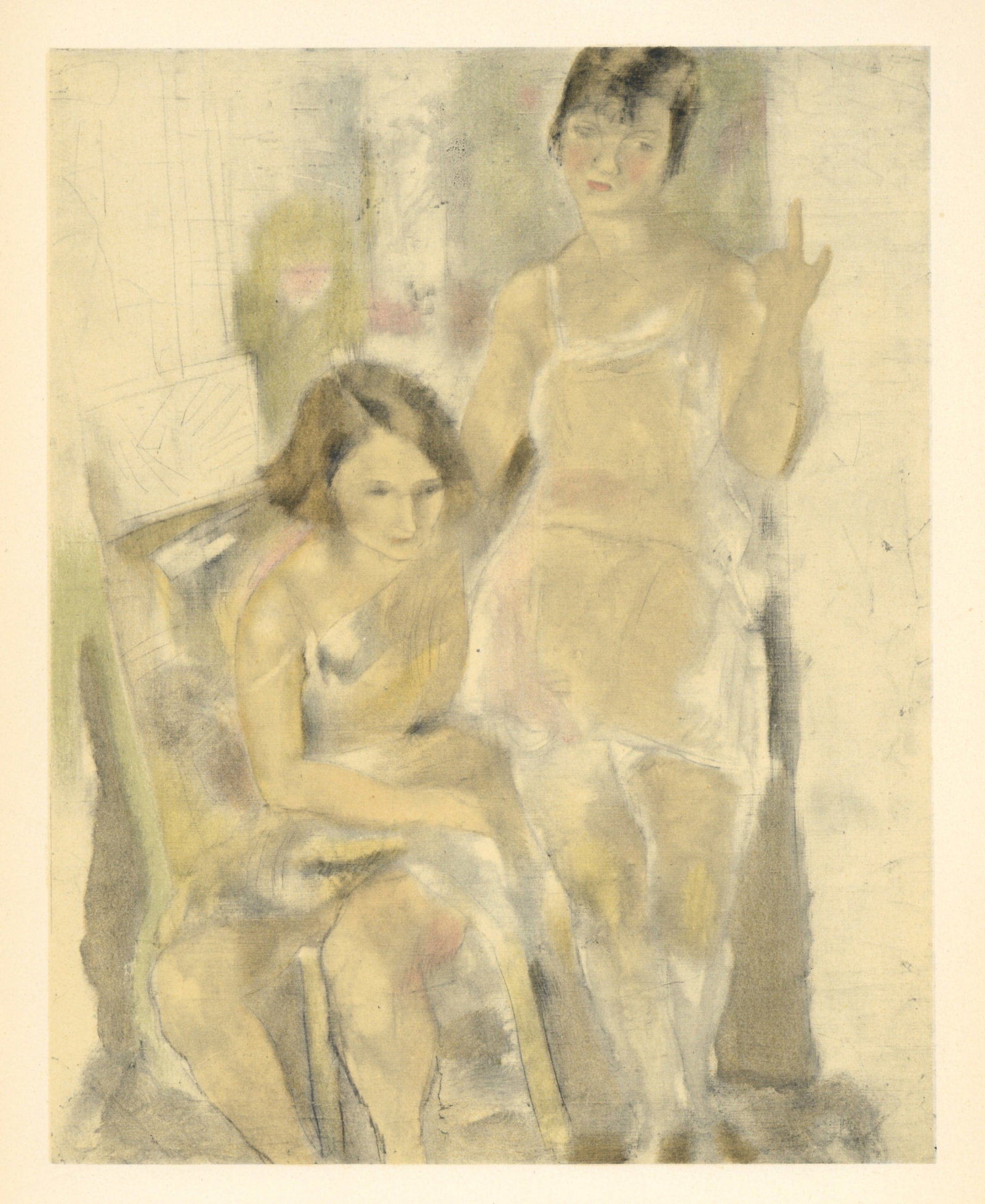 Jules Pascin lithograph "Ginette et Mireille": Medium: lithograph (after the painting). Printed in Paris in 1954 by the atelier of Mourlot Frères in an edition of 2000. Size: 12 1/4 x 9 1/2 inches; 315 x 245mm (total sheet size, including
