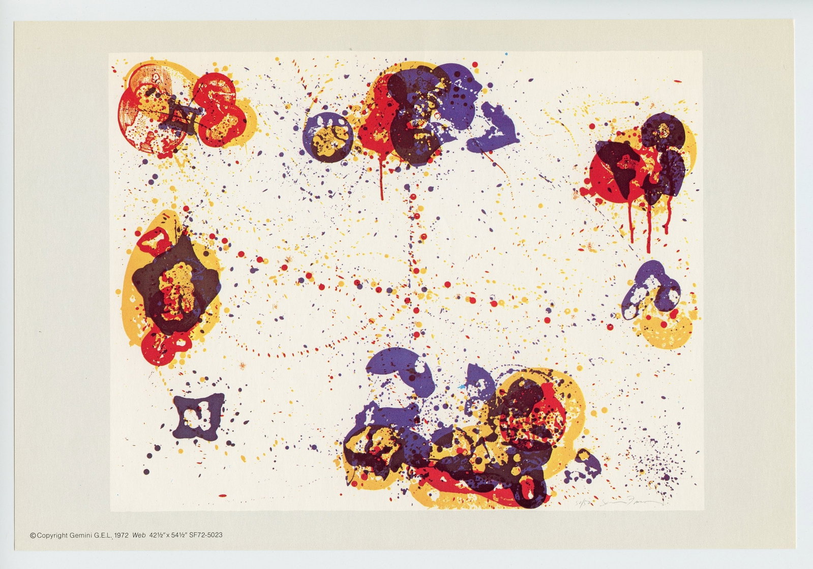 Sam Francis "Web" 1972: Medium: offset print (after Sam Francis). This smaller-size promotional copy was printed on semi-glossy paper in 1972 and issued by Gemini G.E.L. of Los Angeles (the same atelier that printed the full