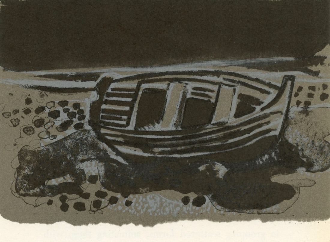 Andre Minaux "La barque" original lithograph: Medium: original lithograph. Printed in Paris in 1962 by the atelier of Fernand Mourlot. Image size: 4 3/4 x 7 inches (120 x 177 mm). There is printed text beneath the lithograph image and on the