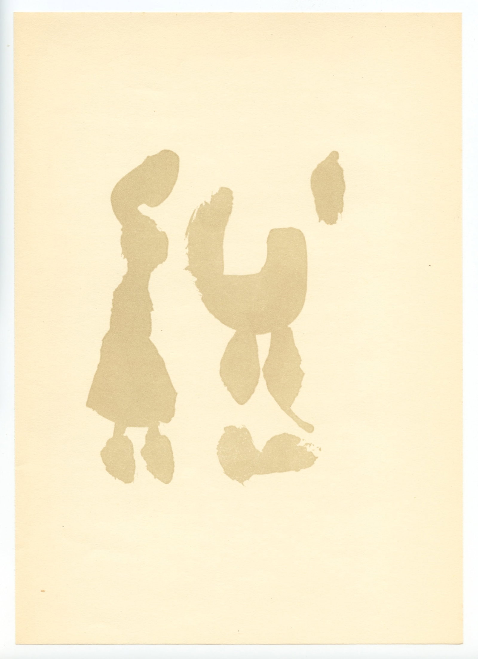 Joan Miro pochoir, 1947: Medium: pochoir stencil print (after the drawing). Printed in 1947 in an edition of 1500 and published by Curt Valentin for "The Prints of Joan Miro" portfolio. Size: 10 3/4 x 7 5/8 inches (273 x 193
