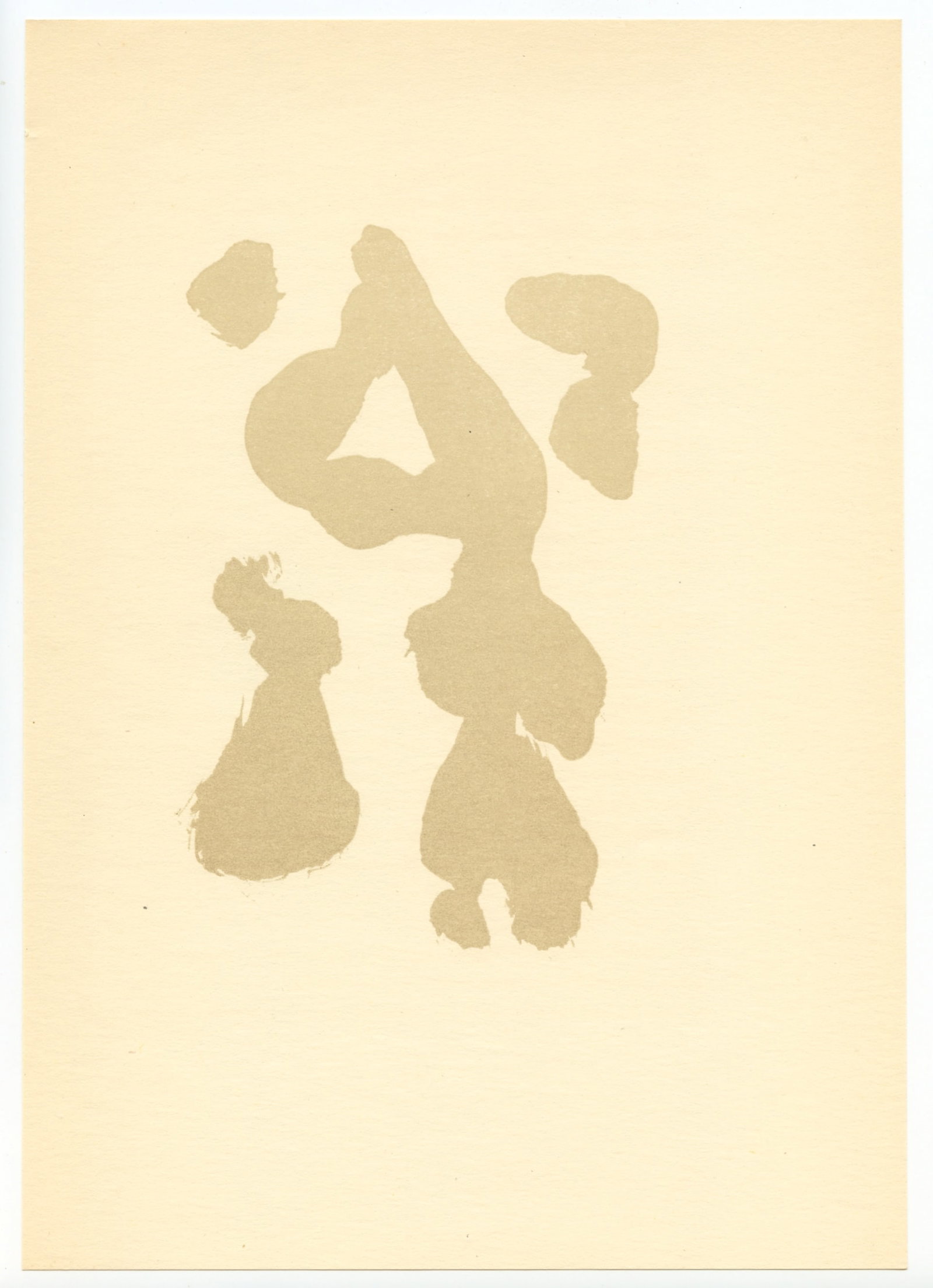 Joan Miro pochoir, 1947: Medium: pochoir stencil print (after the drawing). Printed in 1947 in an edition of 1500 and published by Curt Valentin for "The Prints of Joan Miro" portfolio. Size: 10 3/4 x 7 5/8 inches (273 x 193