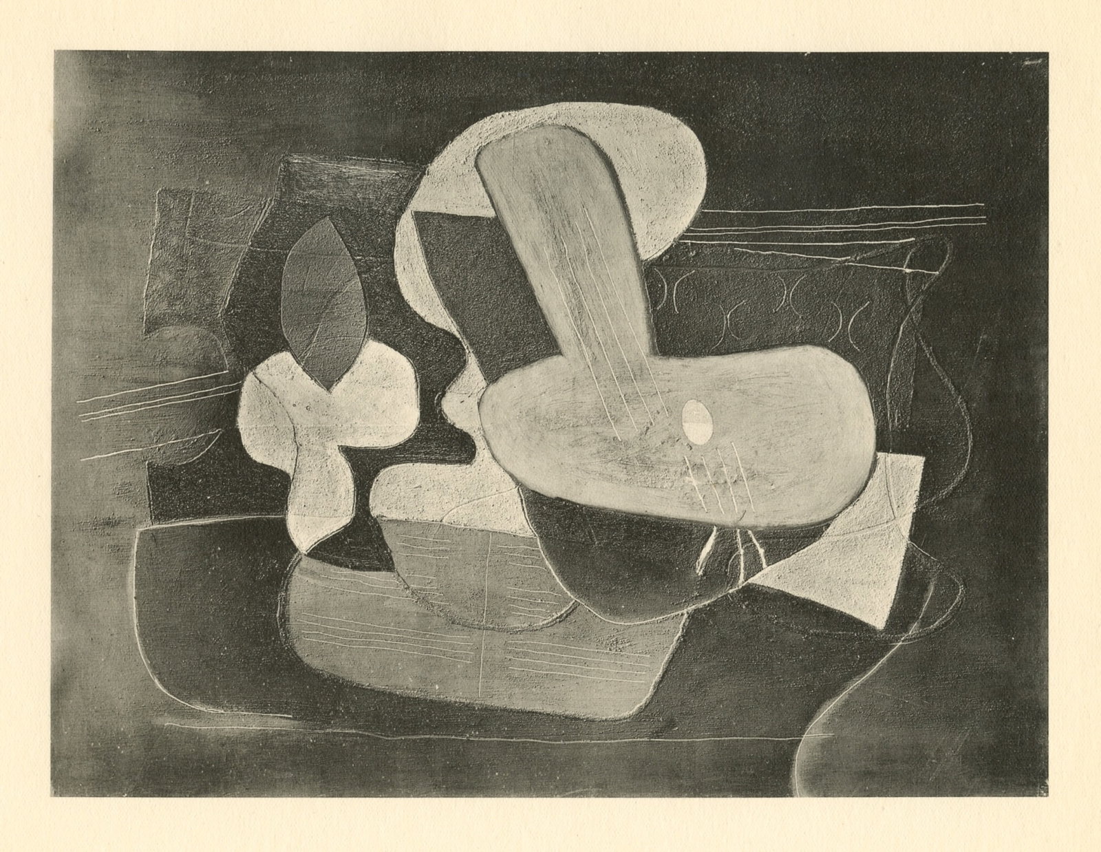 Pablo Picasso - Still Life with Guitar: Medium: collotype (after the painting). Printed in Paris in 1926 in an edition of 700 and published by Christian Zervos for the art revue Cahiers d'Art. Image size: 6 1/4 x 8 3/8 inches (160 x 212
