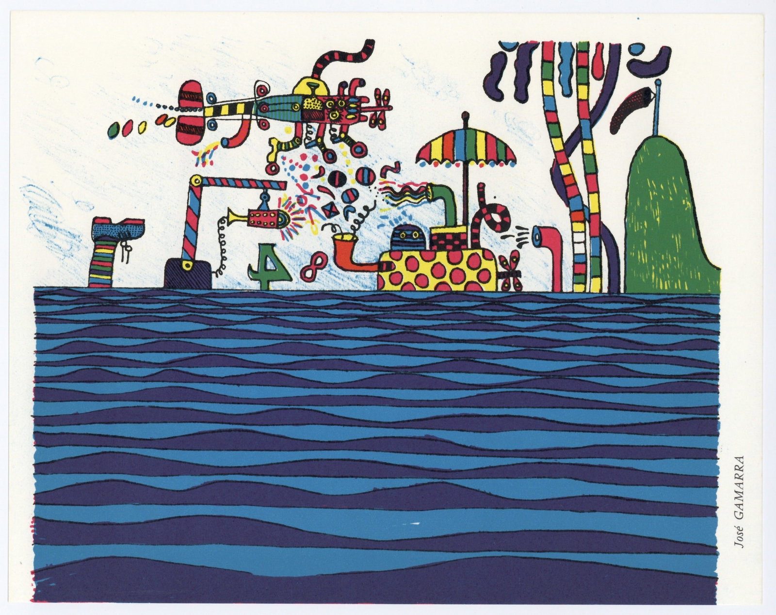 Jose Gamarra original lithograph: Medium: original lithograph. Printed in Paris in 1967 by Clot, Bramsen et Georges and issued in an edition of 2500 for the "Les Temps Situationistes" portfolio. Size: 8 3/8 x 10 3/4 inches (213 x 273