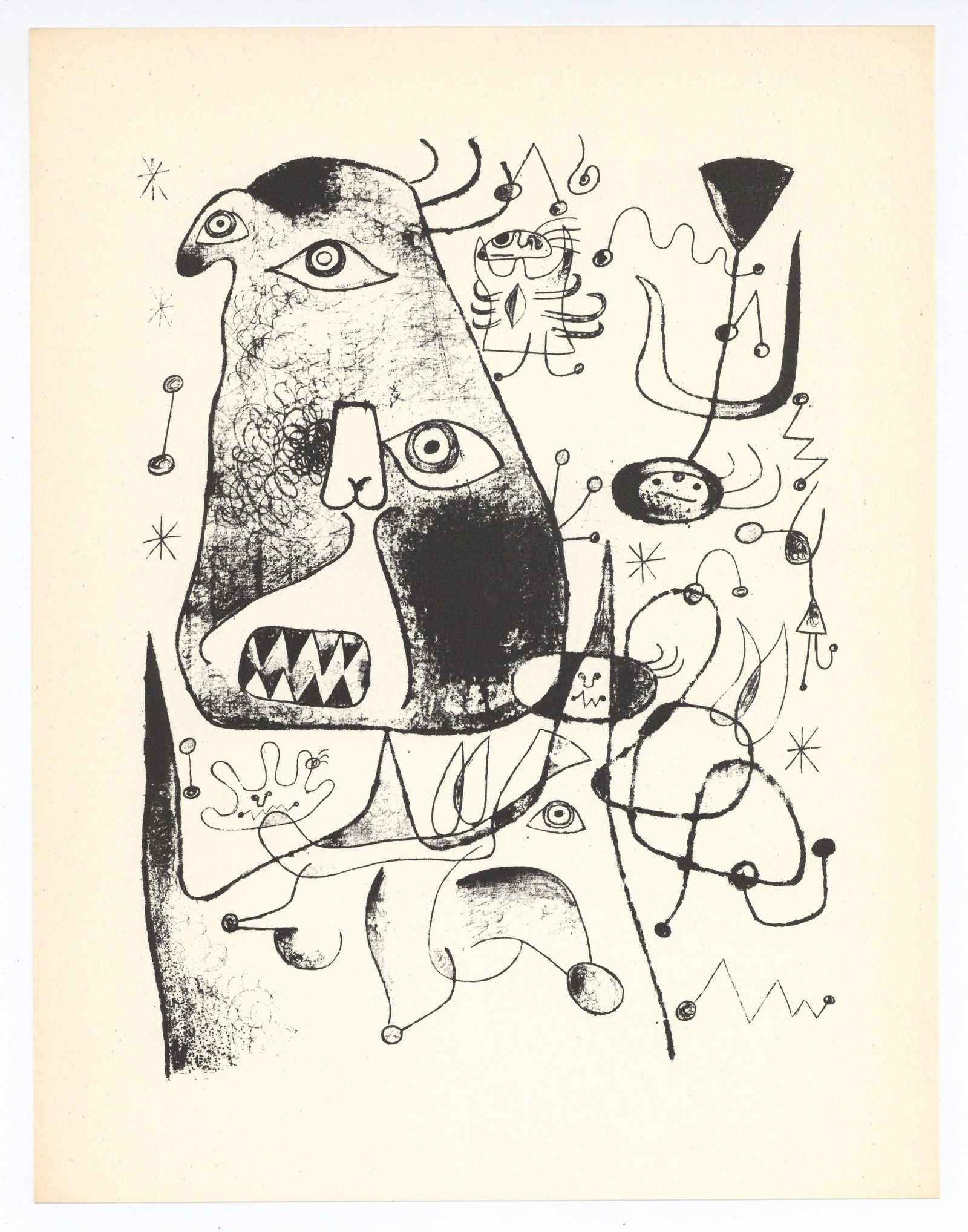 Joan Miro surrealist composition, 1947: Medium: collotype (after the Miro lithograph). Printed in 1947 in an edition of 1500 by Meriden Gravure and published by Curt Valentin for the rare portfolio "The Prints of Joan Miro". Size: 11 x 8