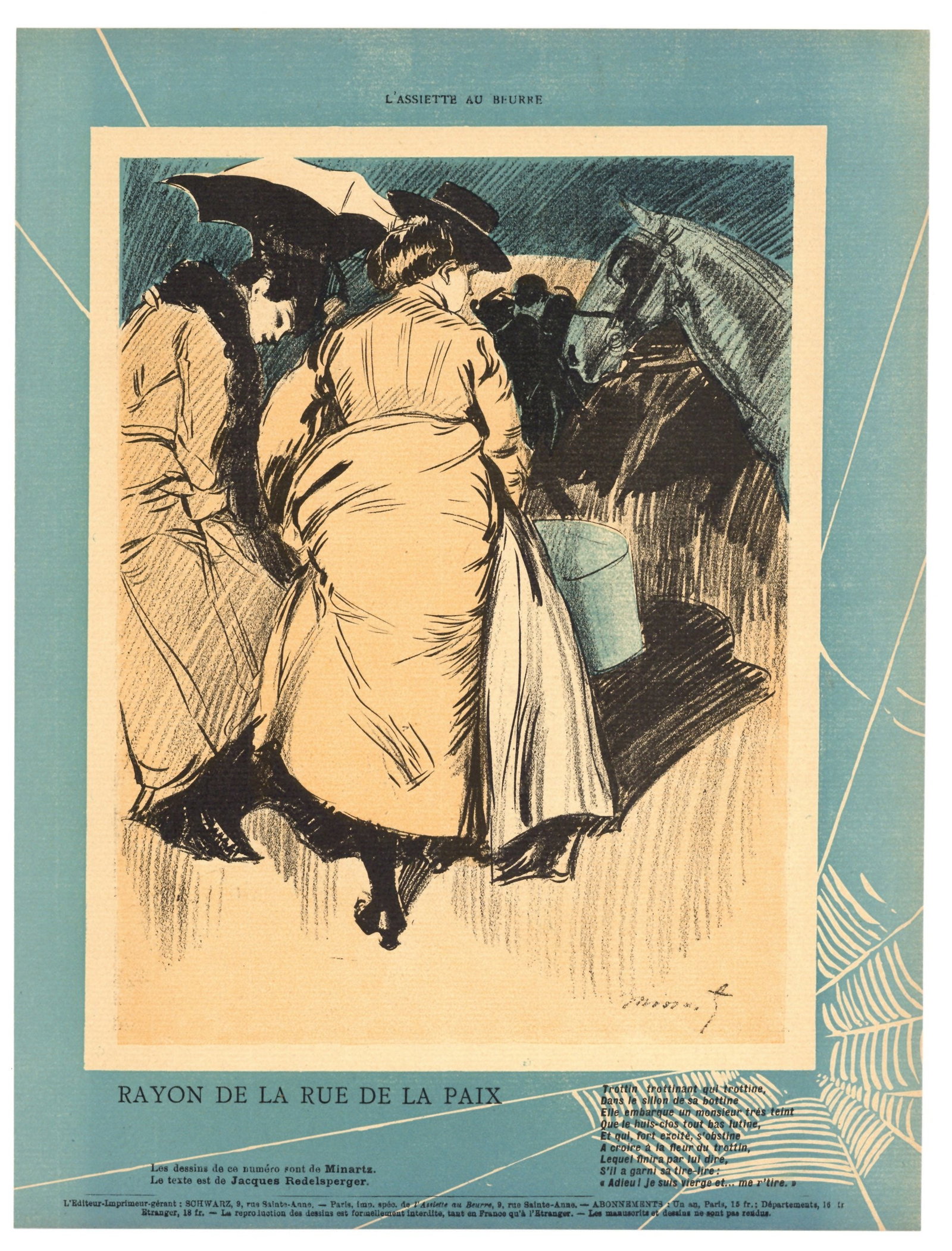 Tony Minartz lithograph, 1902: Medium: lithograph. Printed in 1902 for L'Assiette au Beurre (a satirical French journal which expressed political and social commentary through lithography). Size: 12 1/4 x 9 1/8 inches (310 x 233