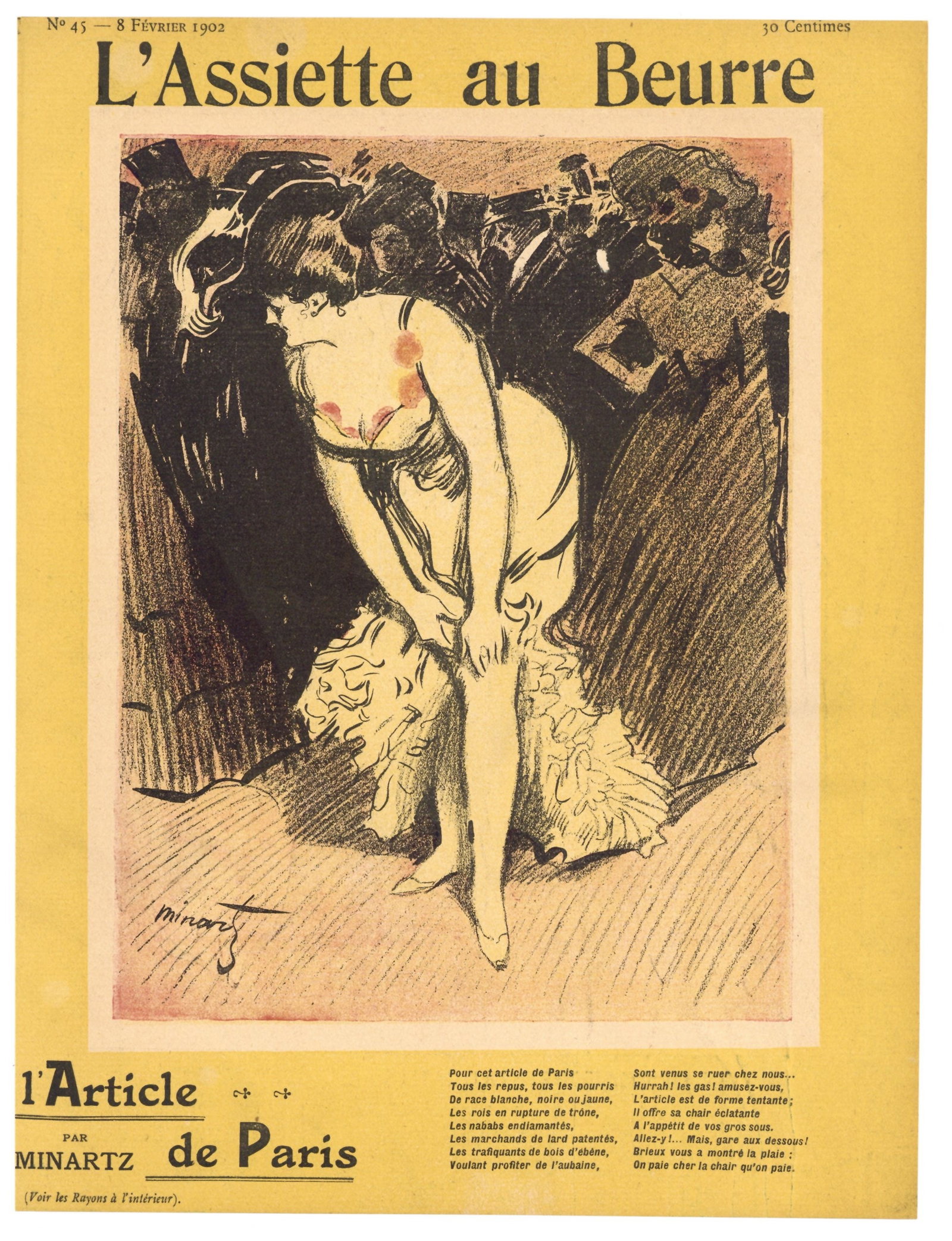 Tony Minartz lithograph, 1902: Medium: lithograph. Printed in 1902 for L'Assiette au Beurre (a satirical French journal which expressed political and social commentary through lithography). Size: 12 1/4 x 9 1/4 inches (310 x 234