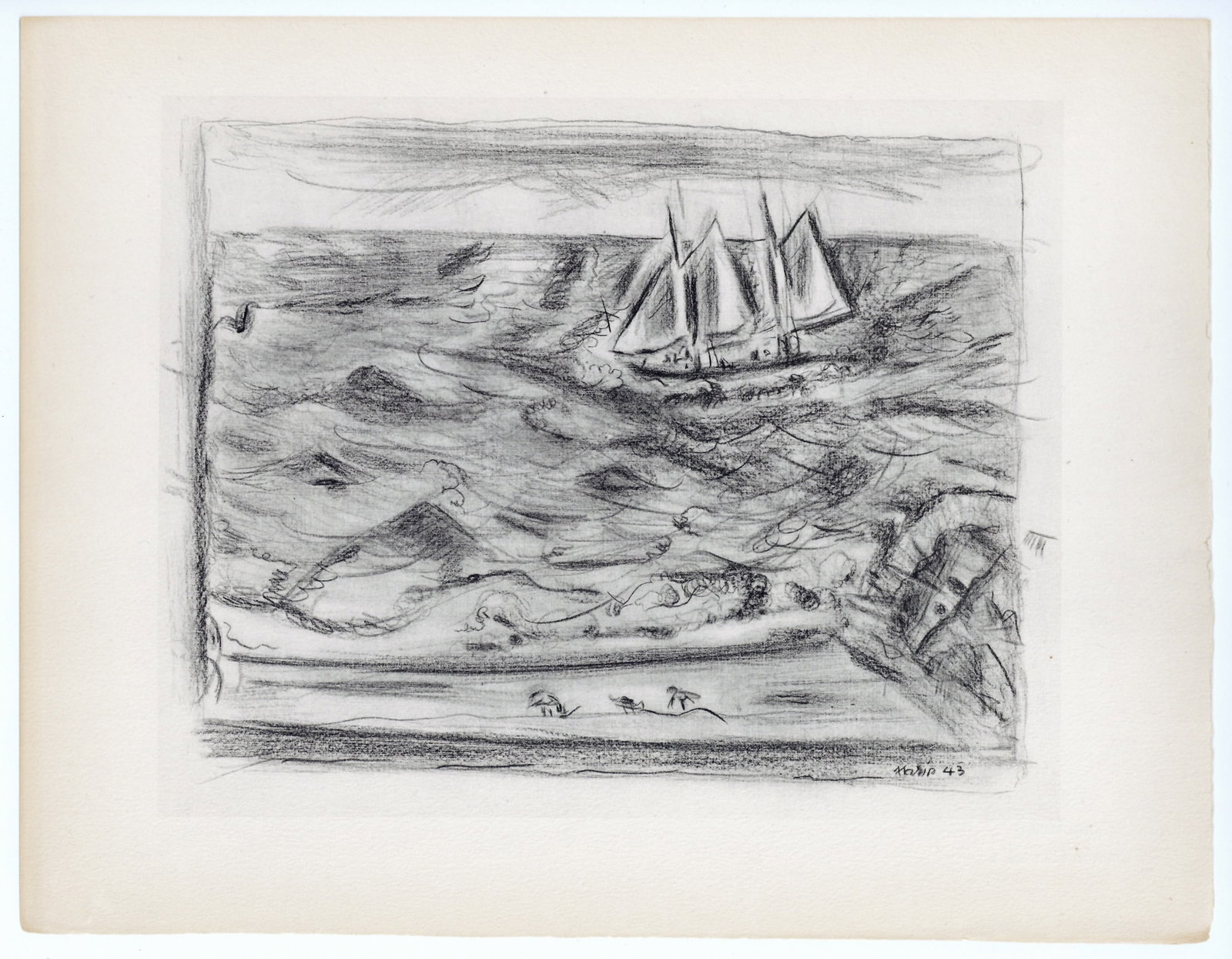 John Marin "Sea and Boat": Medium: collotype (after the drawing). Printed in 1950 in a limited edition of 125 on Johannot wove paper. Sheet size: 10 x 12 1/2 inches (250 x 323 mm). Signed in the plate, not by hand. Reserve: $40