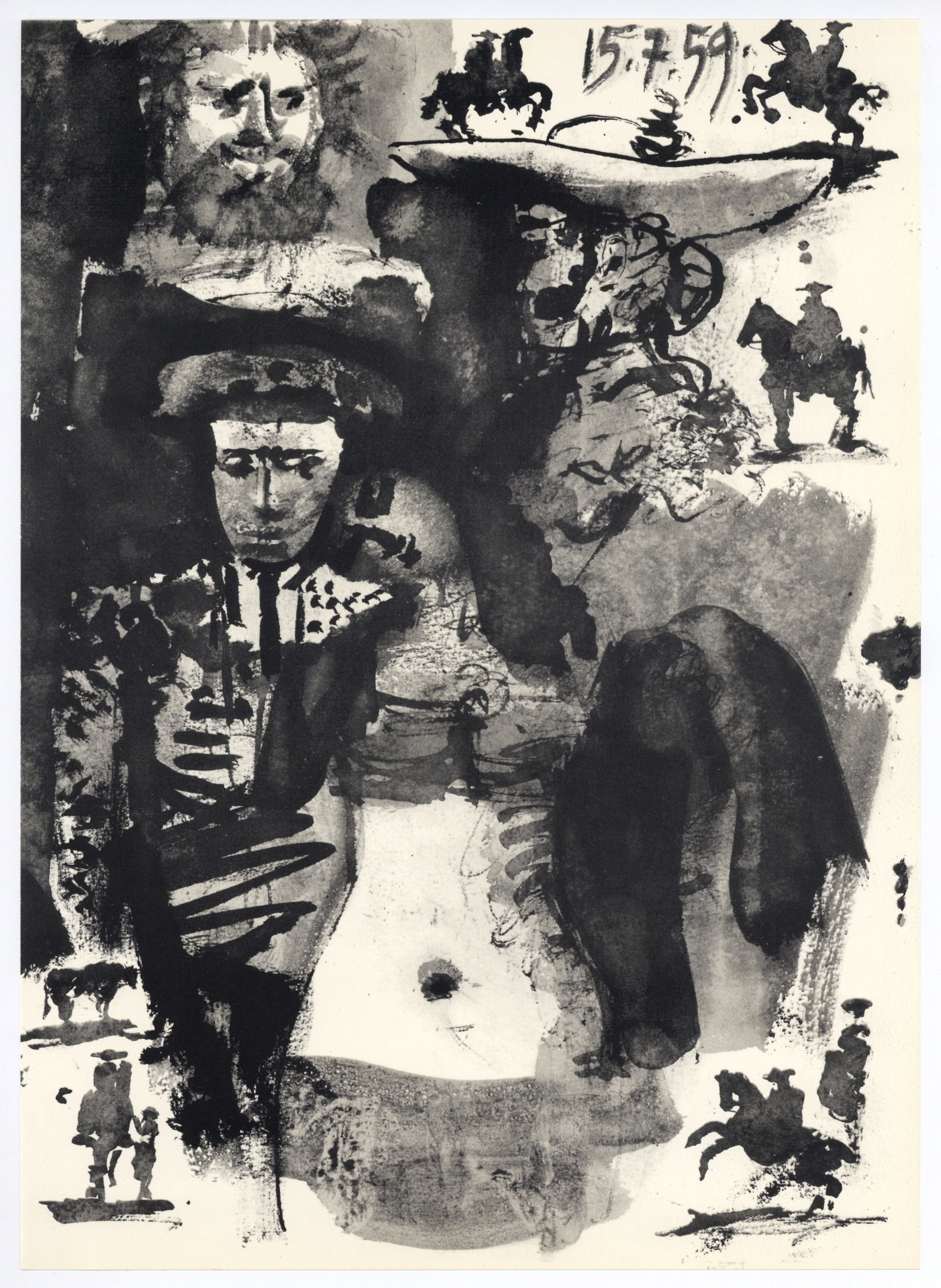 Pablo Picasso "Toros y Toreros": Medium: offset lithograph (after the the drawing). Executed as a sketchbook drawing during the mid 1950's and subsequently made available by Picasso for publication. Printed in Paris in 1961 by