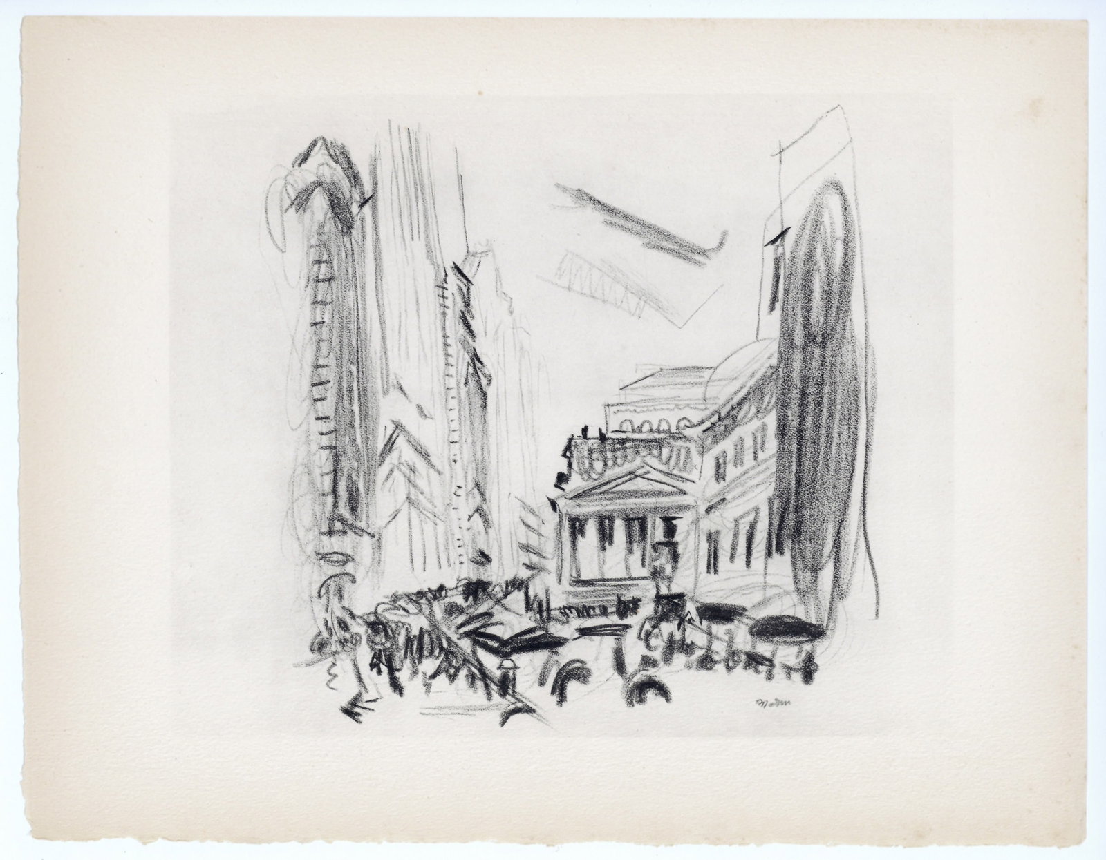 John Marin "Broad Street NYC": Medium: collotype (after the drawing). Issued in 1950 in a limited edition of 125 on watermarked Johannot wove paper. The image size is 7 3/4 x 9 1/4 inches; the full sheet measures 10 x 12 1/2 inches