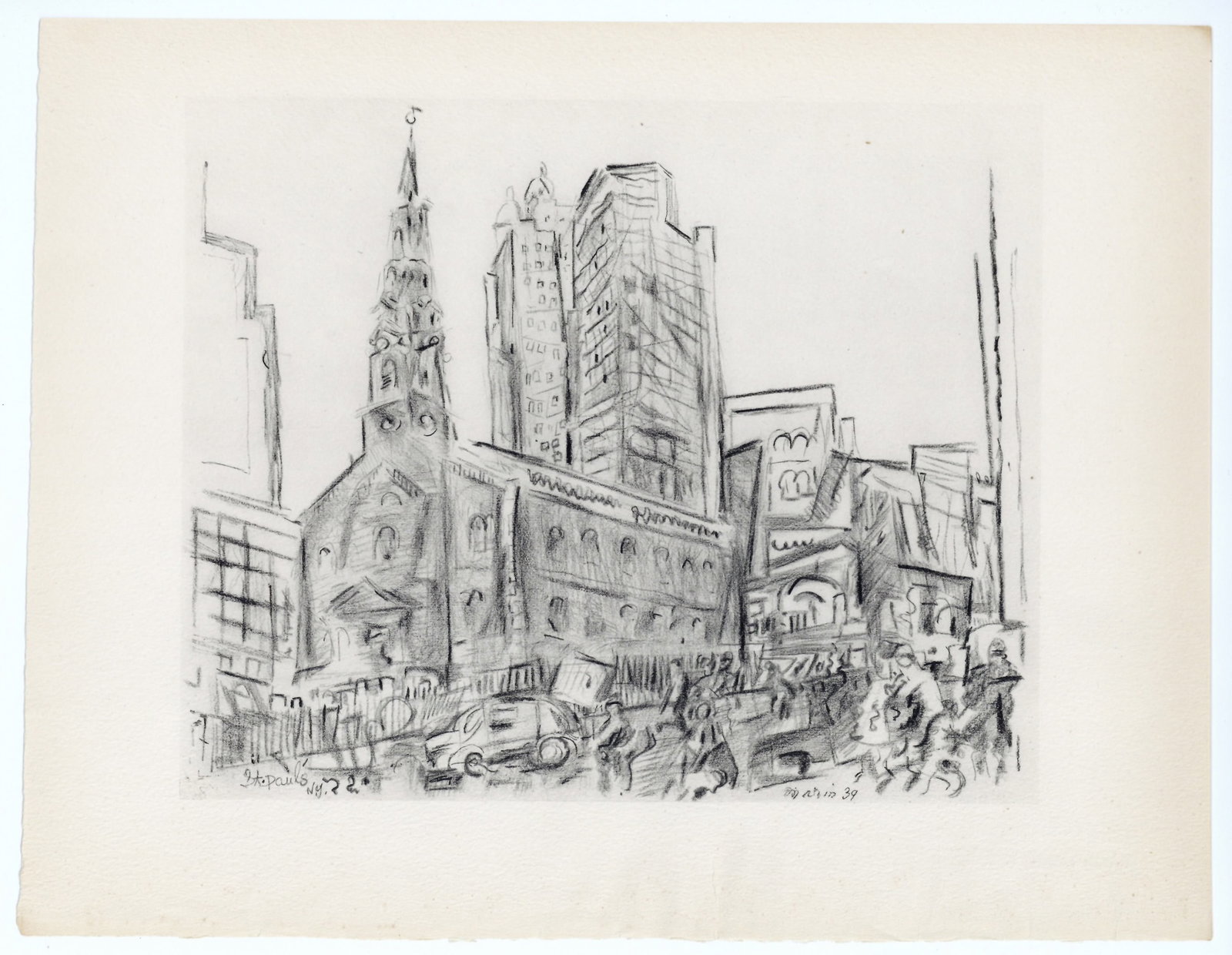 John Marin "St. Paul's Lower New York City": Medium: collotype (after the drawing). Issued in 1950 in a limited edition of 125 on watermarked Johannot wove paper. The image size is 7 3/4 x 9 3/4 inches; the full sheet measures 10 x 12 1/2 inches