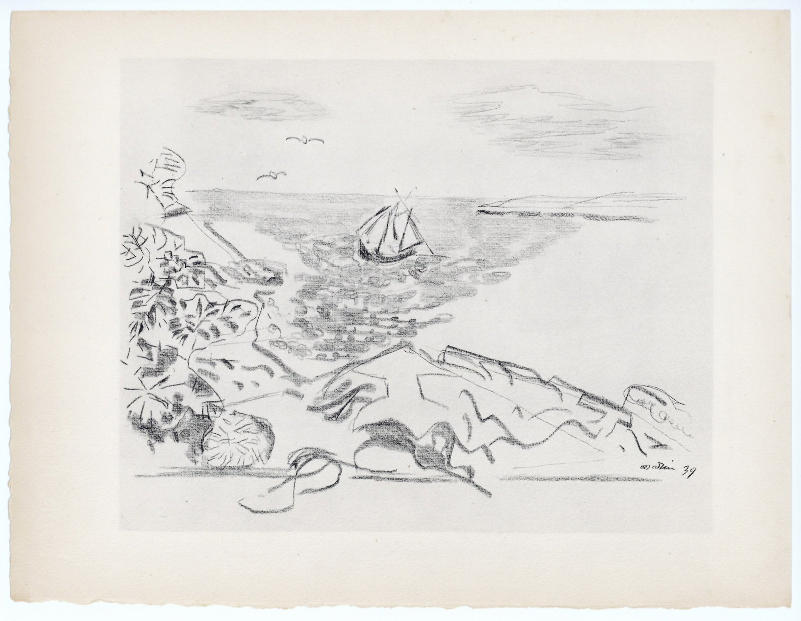 John Marin "Coast Scene": Medium: collotype (after the drawing). Issued in 1950 in a limited edition of 125 on watermarked Johannot wove paper. The image size is 7 3/4 x 9 3/4 inches; the full sheet measures 10 x 12 1/2 inches