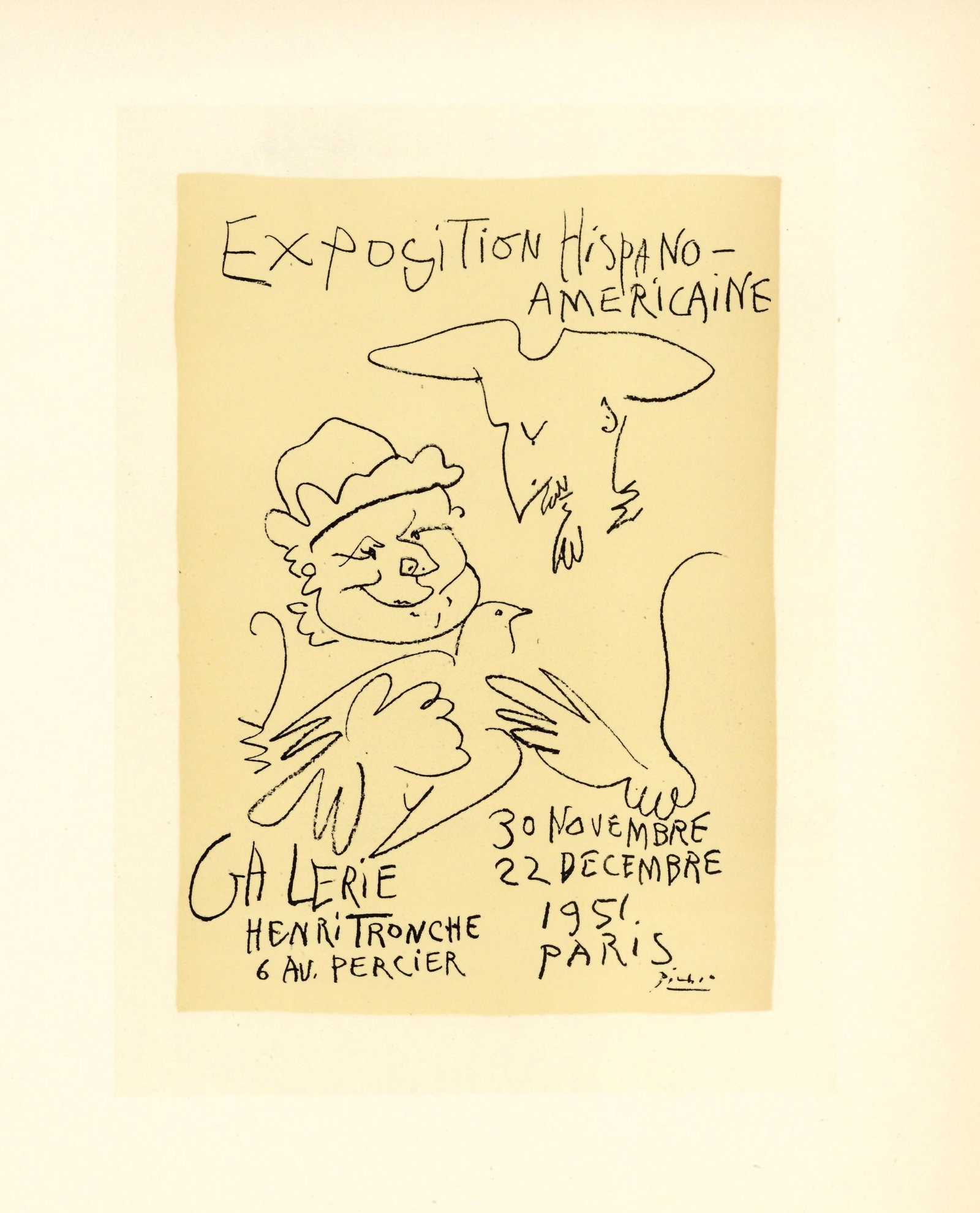 Pablo Picasso lithograph poster "Exposition Hispano-Americaine": Medium: lithograph (after the original lithograph poster). During the late 1940's and throughout the 1950's, Picasso created a series of posters at the atelier of Mourlot Freres. The lithograph