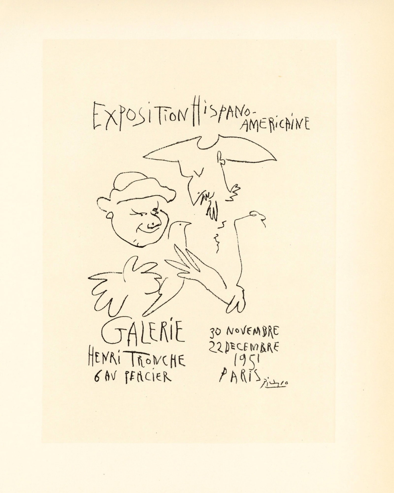 Pablo Picasso lithograph poster "Exposition Hispano-Americaine": Medium: lithograph (after the original lithograph poster). During the late 1940's and throughout the 1950's, Picasso created a series of posters at the atelier of Mourlot Freres. The lithograph
