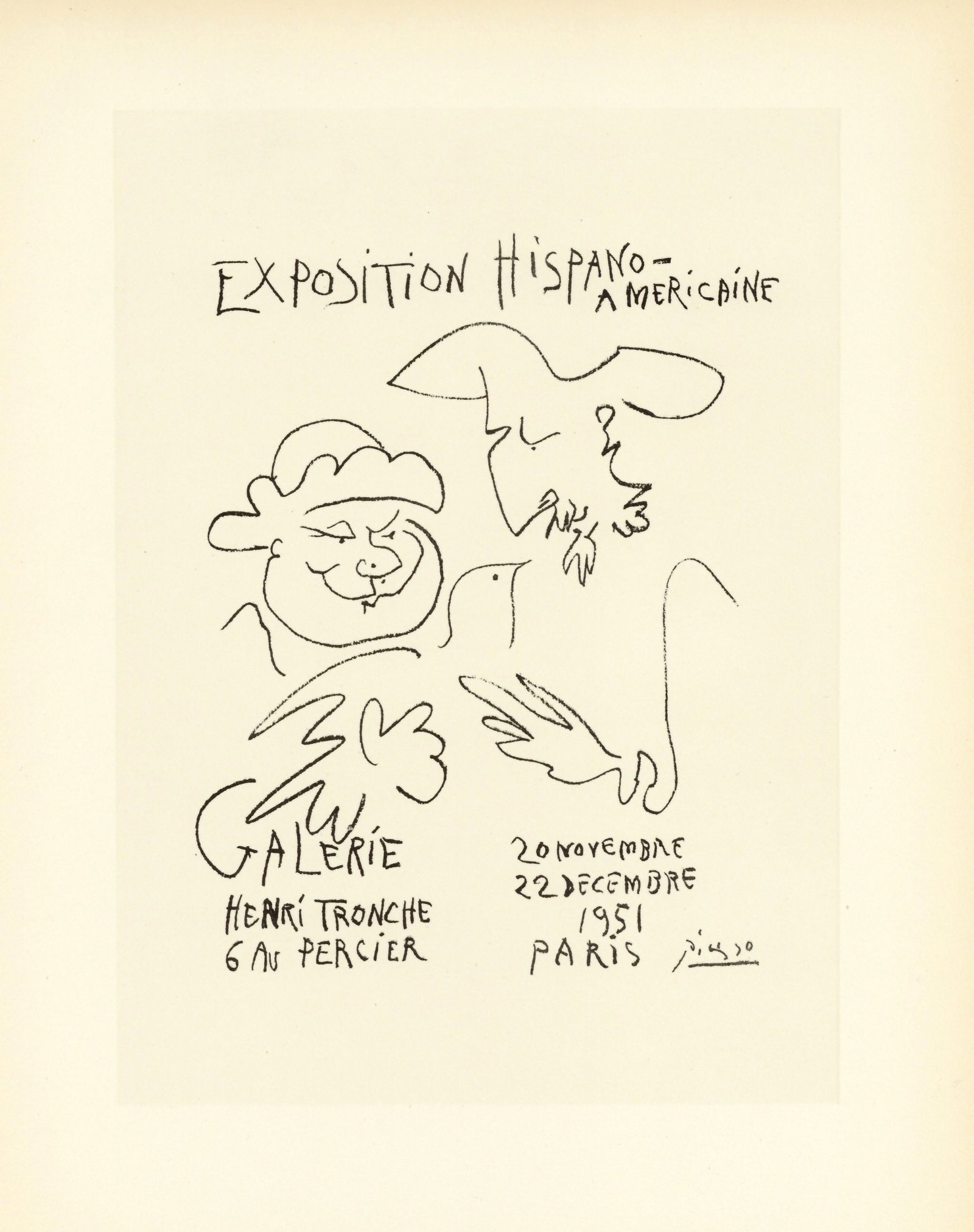 Pablo Picasso lithograph poster "Exposition Hispano-Americaine": Medium: lithograph (after the original lithograph poster). During the late 1940's and throughout the 1950's, Picasso created a series of posters at the atelier of Mourlot Freres. The lithograph