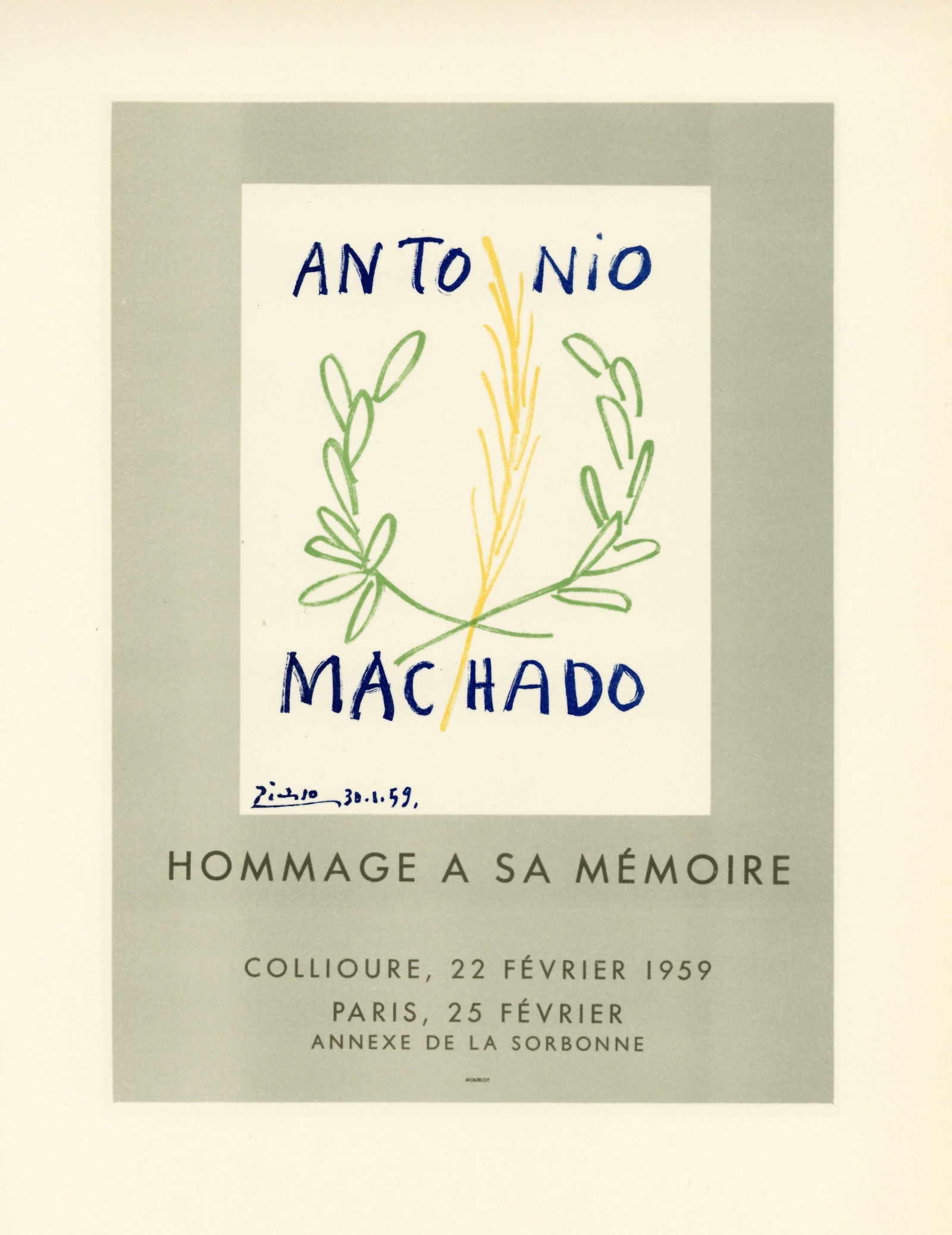 Pablo Picasso lithograph poster "Hommage a Antonio Machado": Medium: lithograph (after the original lithograph poster). During the late 1940's and throughout the 1950's, Picasso created a series of posters at the atelier of Mourlot Freres. The lithograph