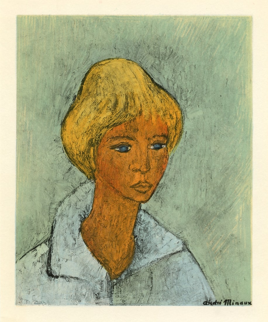 Andre Minaux lithograph "Portraite de fillette": Medium: lithograph (after the painting). Printed in Paris in 1962 by Mourlot Frères. Image size: 7 x 5 3/4 inches (180 x 148 mm). Signed in the plate, not signed by hand. Reserve: $40.00