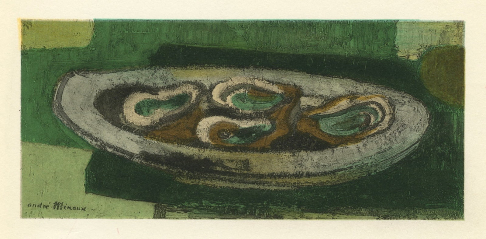 Andre Minaux lithograph "Le plat d'huitres": Medium: lithograph (after the painting). Printed in Paris in 1962 at the Mourlot Freres atelier. Image size: 2 5/8 x 6 inches (68 x 152 mm). Signed in the plate, not signed by hand. Reserve: $40.00
