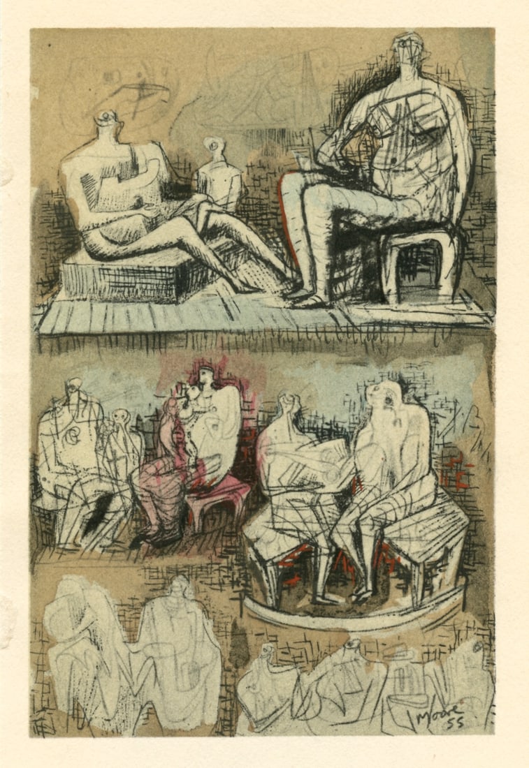 Henry Moore pochoir "Personnages assis": Medium: pochoir (after the watercolor). Printed in Paris in 1957 at the atelier of Daniel Jacomet and published by the Berggruen Gallery for a rare catalogue. Image size: 5 7/8 x 3 7/8 inches (150 x