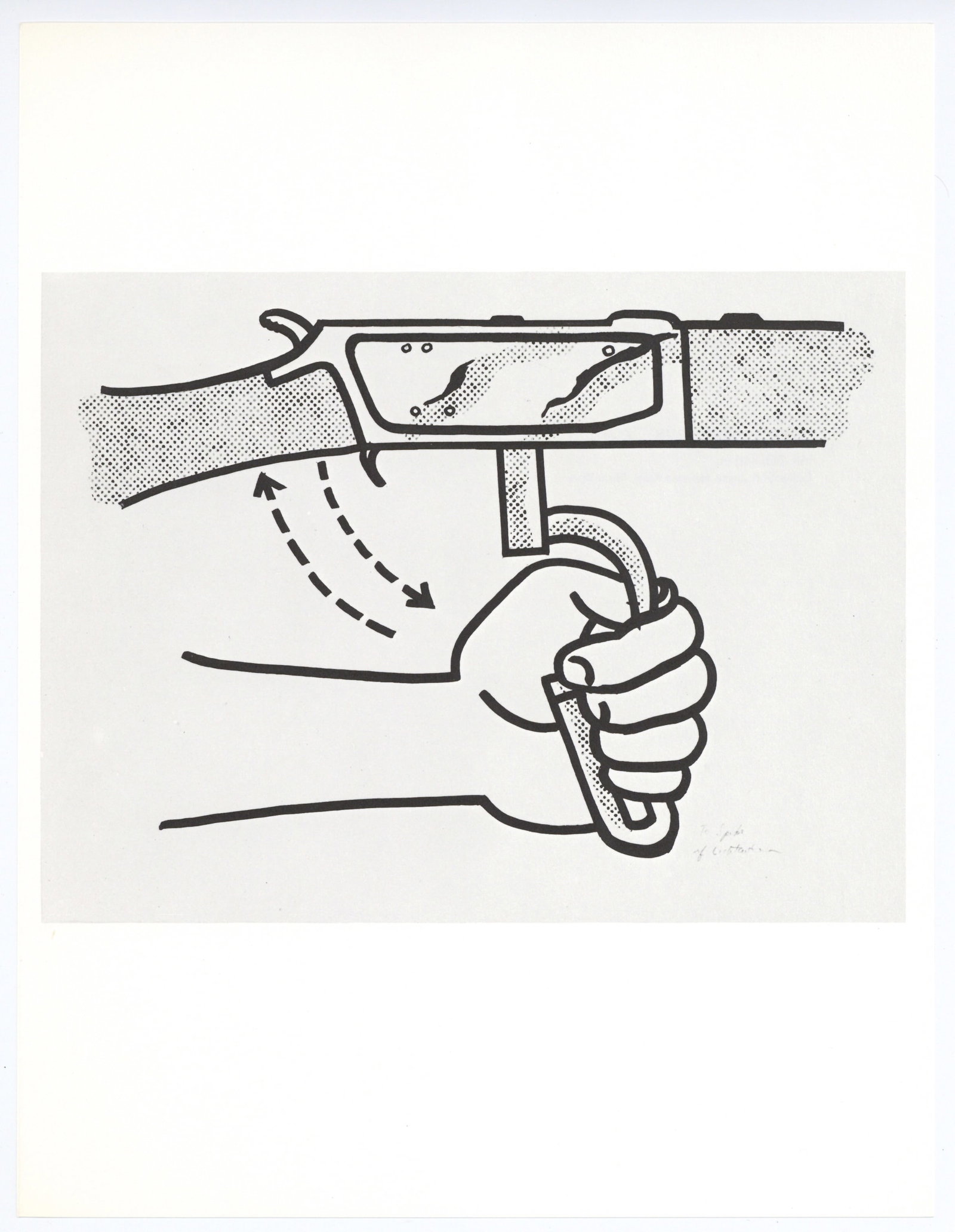 Roy Lichtenstein "Hand Loading Gun I": Medium: offset lithograph (after the drawing). This print is from the limited edition of 180 on J A Dessin wove paper. Printed in 1970 by Imprimeries Reunies of Lausanne, Switzerland (for the deluxe f
