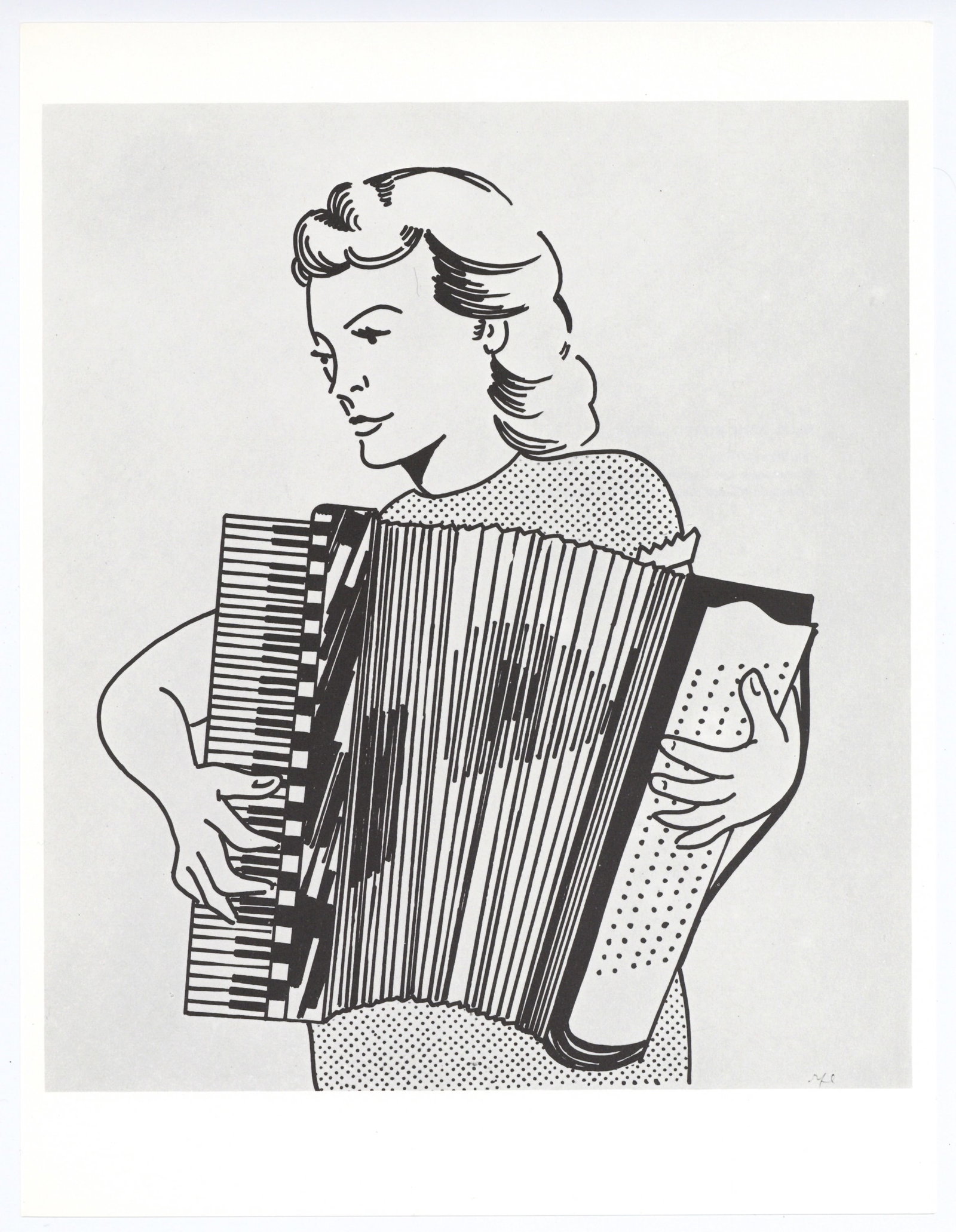 Roy Lichtenstein "Girl with Accordion": Medium: offset lithograph (after the drawing). This print is from the limited edition of 180 on J A Dessin wove paper. Printed in 1970 by Imprimeries Reunies of Lausanne, Switzerland (for the deluxe