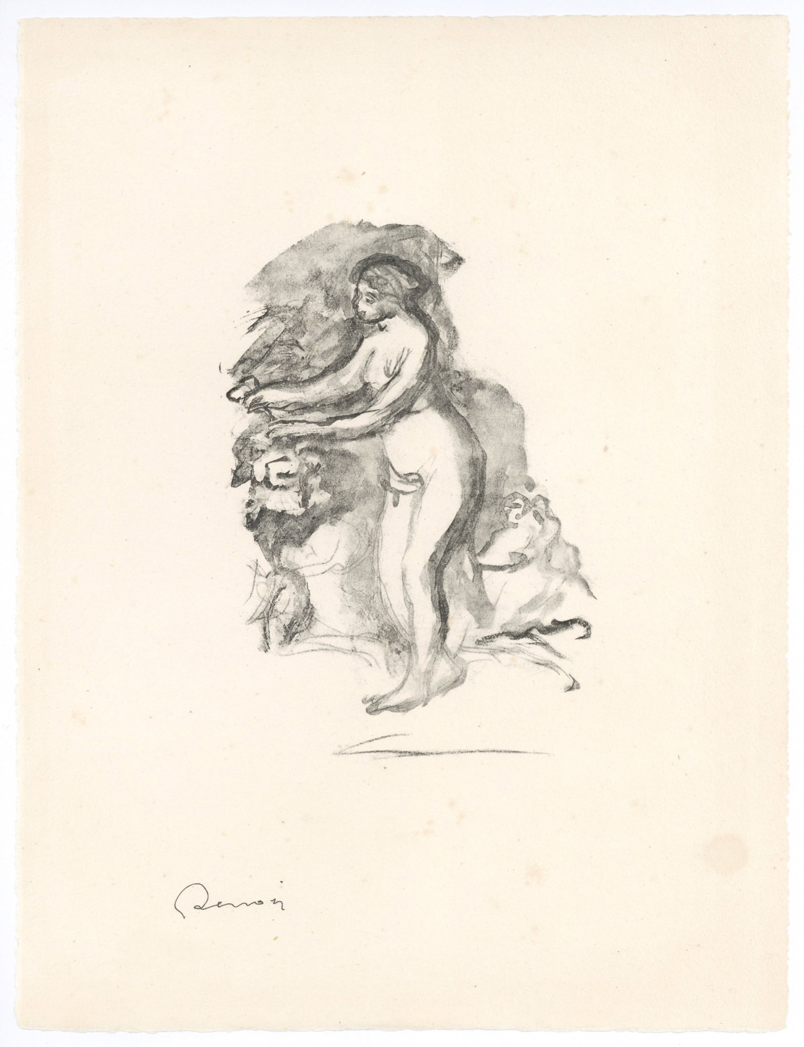 Pierre-Auguste Renoir "Femme au cep de vigne" original lithograph: Medium: original lithograph. Catalogue references: Delteil 44 or Roger-Marx 19. Printed in Paris by Clot and published in 1919 by Ambroise Vollard for the rare "Douze Lithographies Originales de Pierr