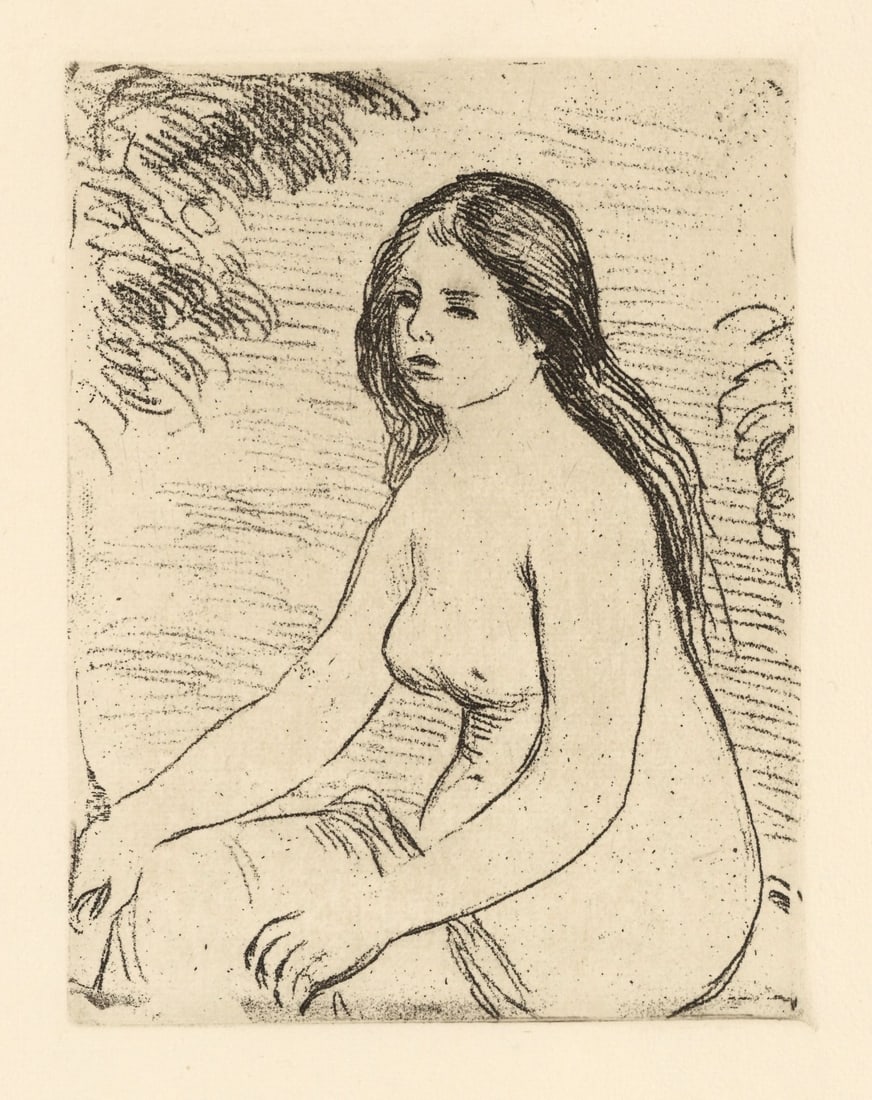 Pierre-Auguste Renoir "Femme nue assise" original etching: Medium: original soft ground etching. Catalogue reference: Delteil 12. Executed in 1906, this is a lifetime impression published in 1909 in Berlin by Cassirer for "Kunst und Kunstler". Printed on