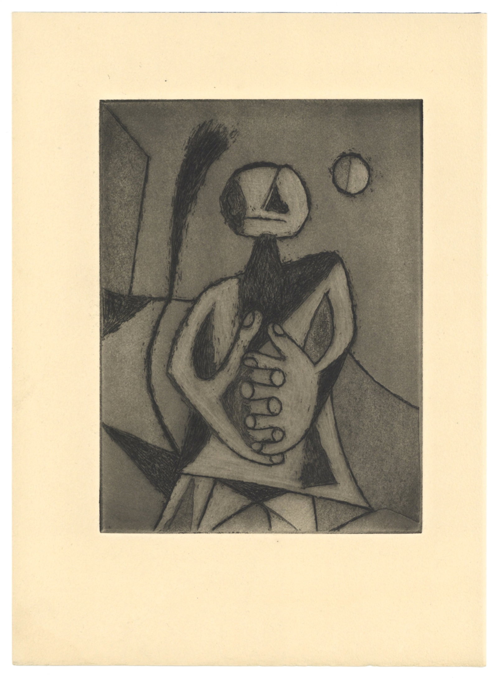 Rufino Tamayo original etching "Hombre contemplando la luna": Medium: original etching and aquatint. Printed in 1947 on Velin de Hollande paper and published in New York by the Quadrangle Press as the frontispiece of the deluxe edition of Robert Goldwater's "Ruf