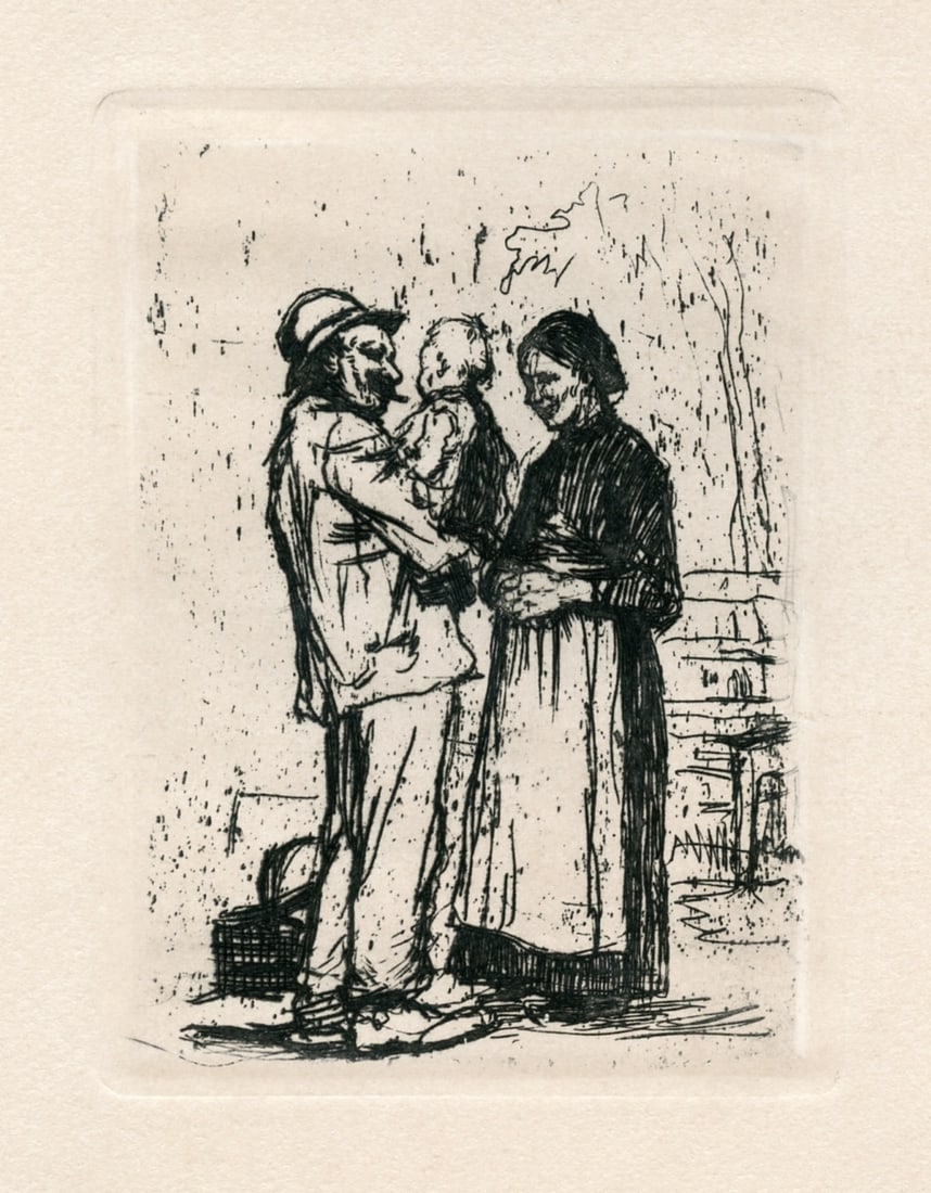 Kathe Kollwitz "Begrüssung" original etching: Medium: original etching. Catalogue reference: Klipstein 10. A very rich impression on cream wove paper of this Kollwitz etching, with plate tone. Plate size: 118 x 88mm (4 5/8 x 3 1/2 inches). With