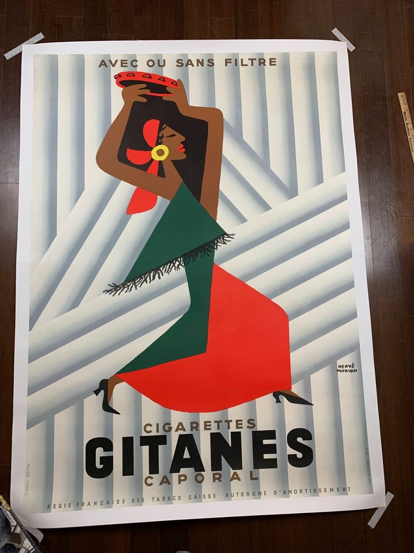 Gitanes - Art By Herve Morvan (1955) 46x62.5 French Tobacco Advertising Poster LB: Gitanes - Art By Herve Morvan (1955) 46x62.5 French Tobacco Advertising Poster LB Reserve: $1,275.00 Shipping: Domestic: Flat-rate of $56.00 to anywhere within the contiguous U.S. International: Forei