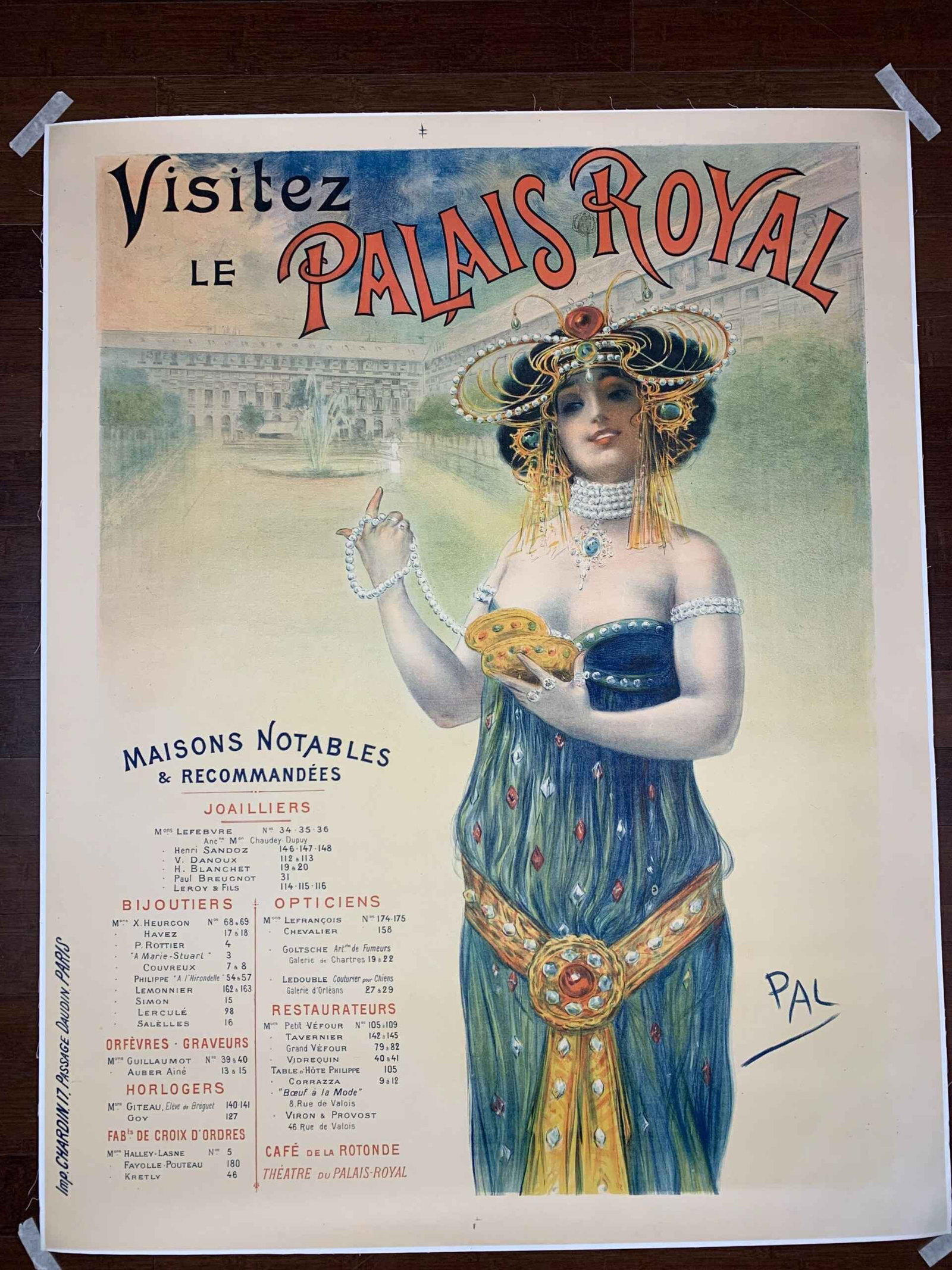 Visitez Palais Royale - Art PAL (1895) 43" x 54.5" French Advertising Poster LB: Visitez Palais Royale - Art PAL (1895) 43" x 54.5" French Advertising Poster LB Reserve: $1,190.00 Shipping: Domestic: Flat-rate of $42.00 to anywhere within the contiguous U.S. International: Foreign