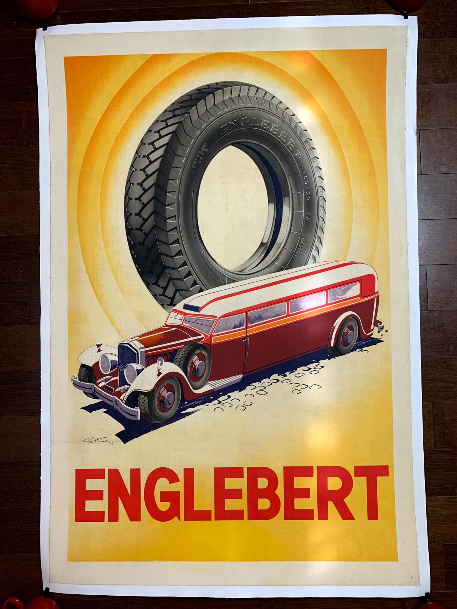Englebert Tire - Art by George Ham (1933) 30x45 French Advertising Poster LB: Englebert Tire - Art by George Ham (1933) 30x45 French Advertising Poster LB Reserve: $808.00 Shipping: Domestic: Flat-rate of $42.00 to anywhere within the contiguous U.S. International: Foreign ship