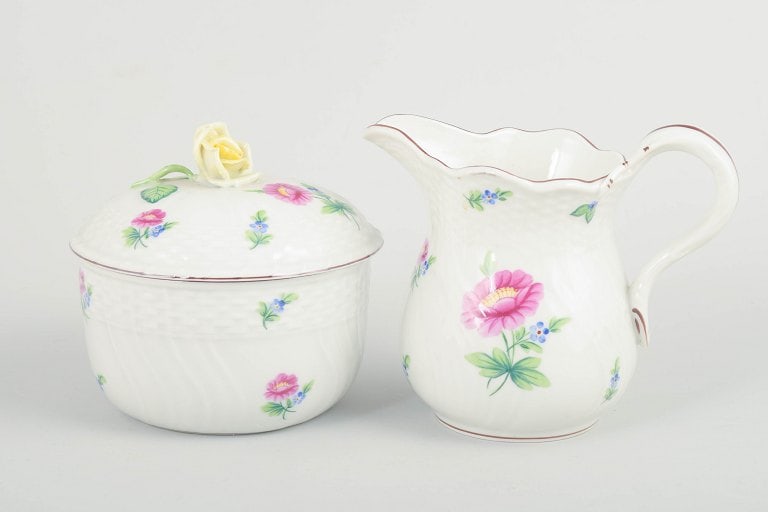 Herend, Hungary. Porcelain sugar bowl and creamer with flowers in pink and blue tones with green (1 of 4)