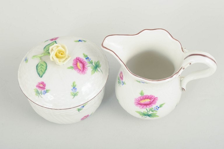 Herend, Hungary. Porcelain sugar bowl and creamer with flowers in pink and blue tones with green - 2