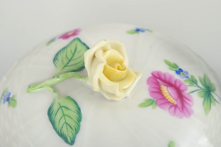 Herend, Hungary. Porcelain sugar bowl and creamer with flowers in pink and blue tones with green - 3