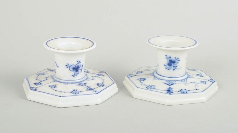 Royal Copenhagen, Denmark. Blue Fluted Plain, pair of porcelain candlesticks with decoration in (1 of 4)