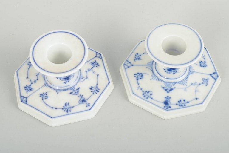Royal Copenhagen, Denmark. Blue Fluted Plain, pair of porcelain candlesticks with decoration in - 2
