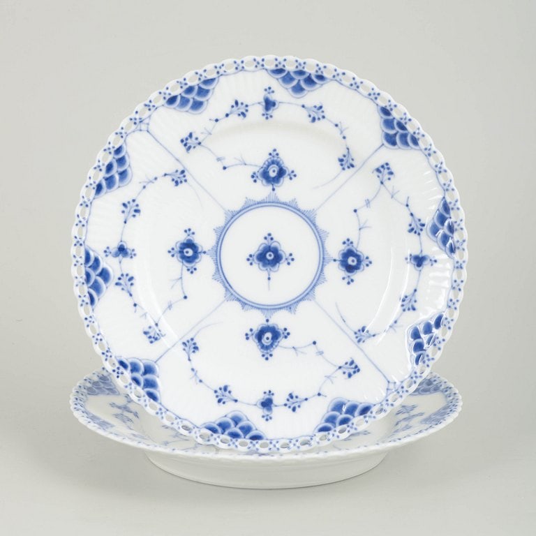 Royal Copenhagen, Denmark. Blue Fluted Full Lace, set of two porcelain salad plates with decoration: Royal Copenhagen Blue Fluted Full Lace, set of two salad plates. Set of two hand-painted porcelain salad plates from the Blue Fluted Full Lace service with classic underglaze decoration in cobalt
