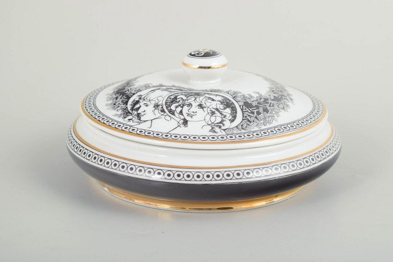 Hollóháza, Hungary. Round lidded bowl in white glazed porcelain with black decorative (1 of 4)