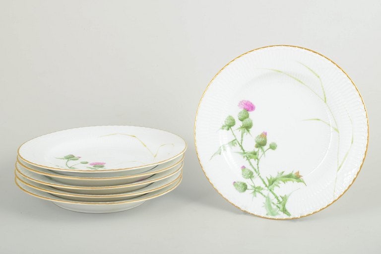 Royal Copenhagen, Denmark. Thistle, set of six porcelain dinner plates in green and pink tones.: Royal Copenhagen Thistle, set of six dinner plates. Set of six hand-painted porcelain dinner plates from the Thistle series. Decorated with a naturalistic thistle motif in green and pink tones with a 