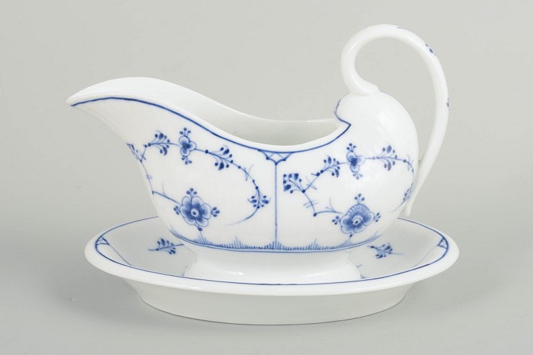 Royal Copenhagen, Denmark. Blue Fluted Plain porcelain sauce boat with decoration in cobalt blue. (1 of 4)