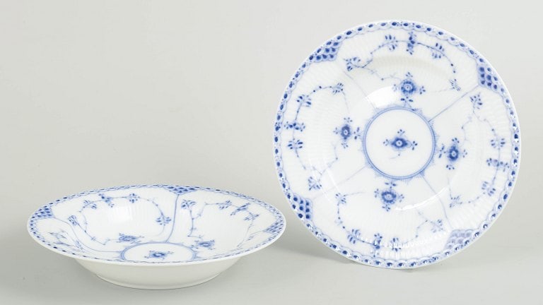 Royal Copenhagen, Denmark. Blue Fluted Half Lace, set of two porcelain deep plates with decoration: Royal Copenhagen Blue Fluted Half Lace, set of two deep plates. Set of two hand-painted porcelain deep plates from the Blue Fluted Half Lace service with classic underglaze decoration in cobalt blue,