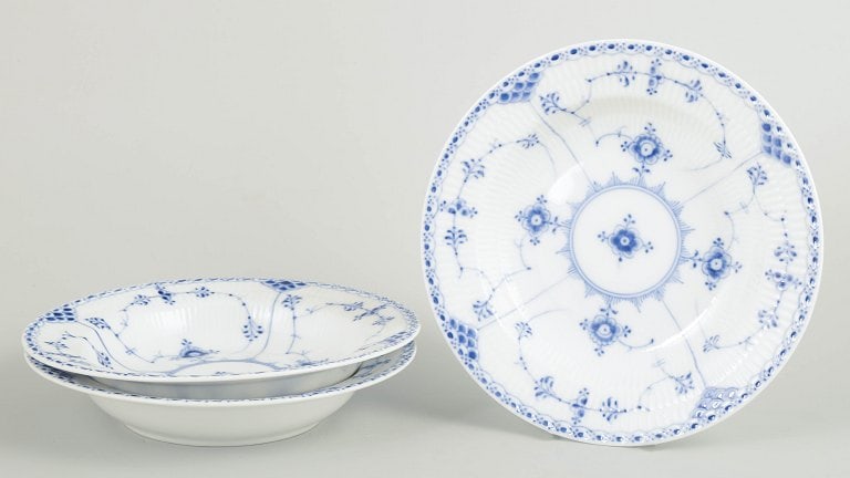 Royal Copenhagen, Denmark. Blue Fluted Half Lace, set of three porcelain deep plates with decoration: Royal Copenhagen Blue Fluted Half Lace, set of three deep plates. Set of three hand-painted porcelain deep plates from the Blue Fluted Half Lace service with classic underglaze decoration in cobalt