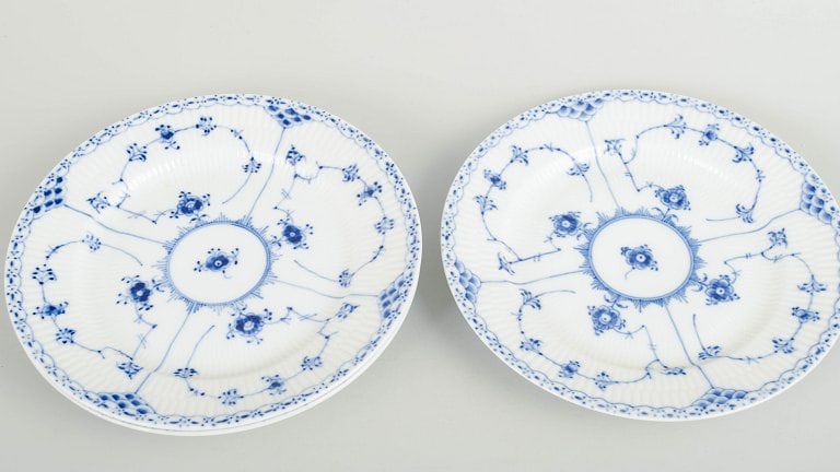 Royal Copenhagen, Denmark. Blue Fluted Half Lace, set of three porcelain salad plates with - 2