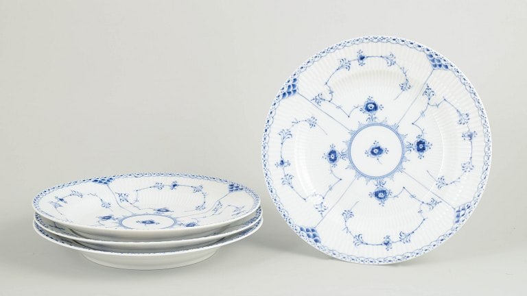 Royal Copenhagen, Denmark. Blue Fluted Half Lace, set of four porcelain dinner plates with (1 of 4)