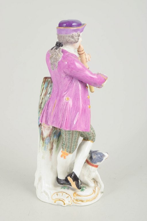 Meissen, Germany. Porcelain figurine, nobleman with flute and dog with polychrome colors. 19th - 3